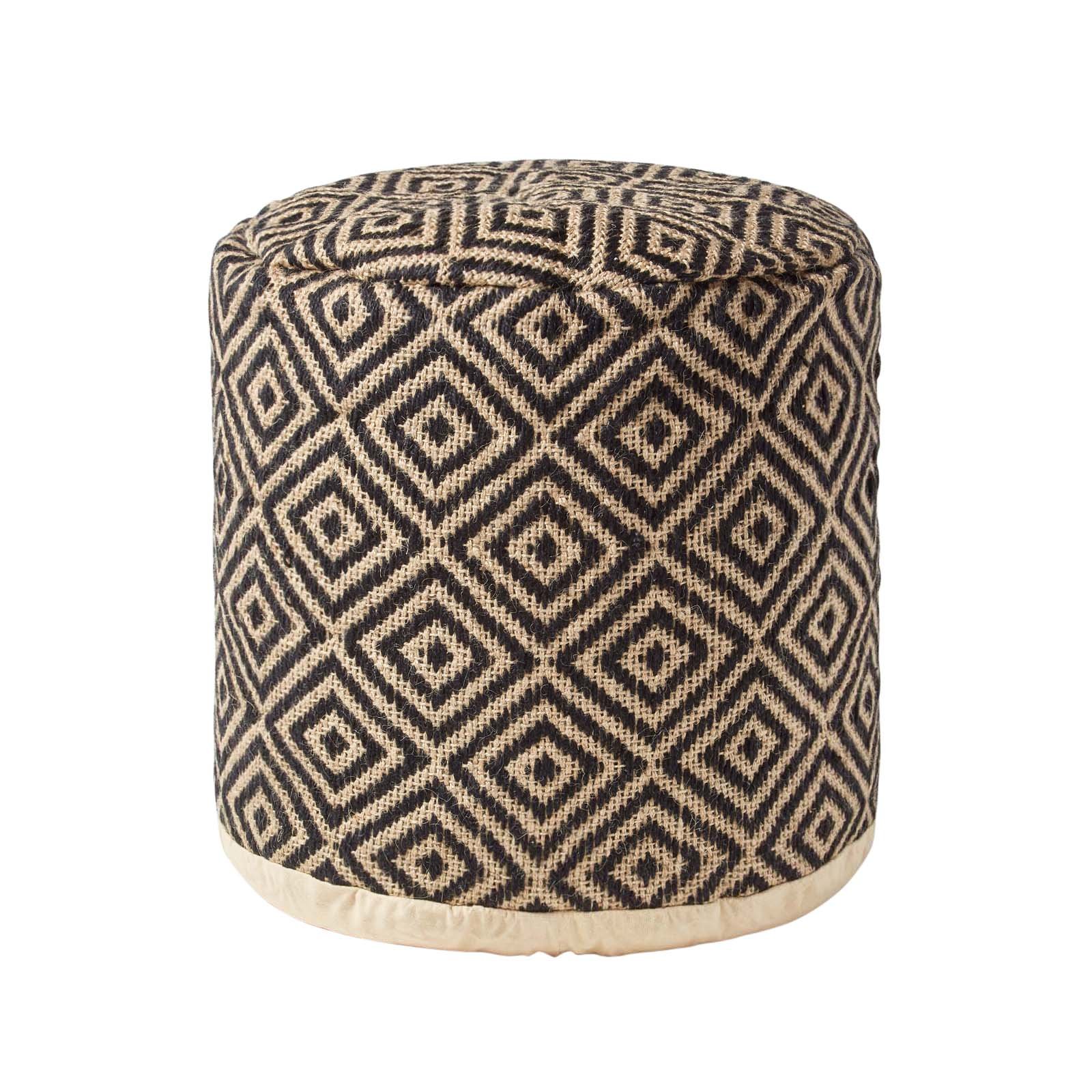 Homescapes Aztec Style Jute Round  Footstool – 45 x 40 cm – Black and Cream
