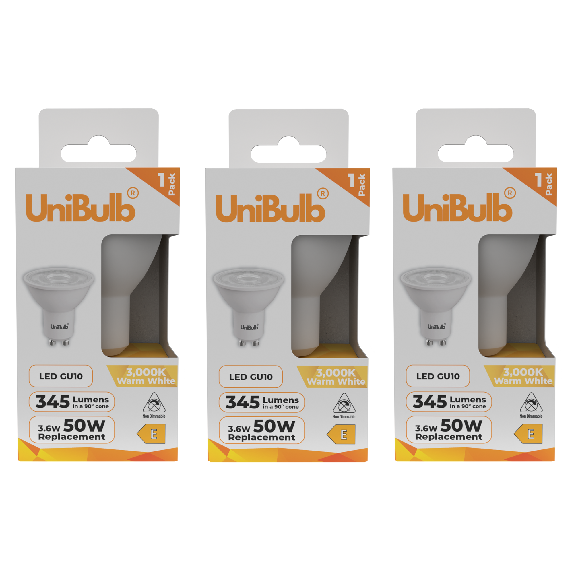 UniBulb 3.6W LED Warm White Spotlight GU10 Light Bulb - Pack of 3