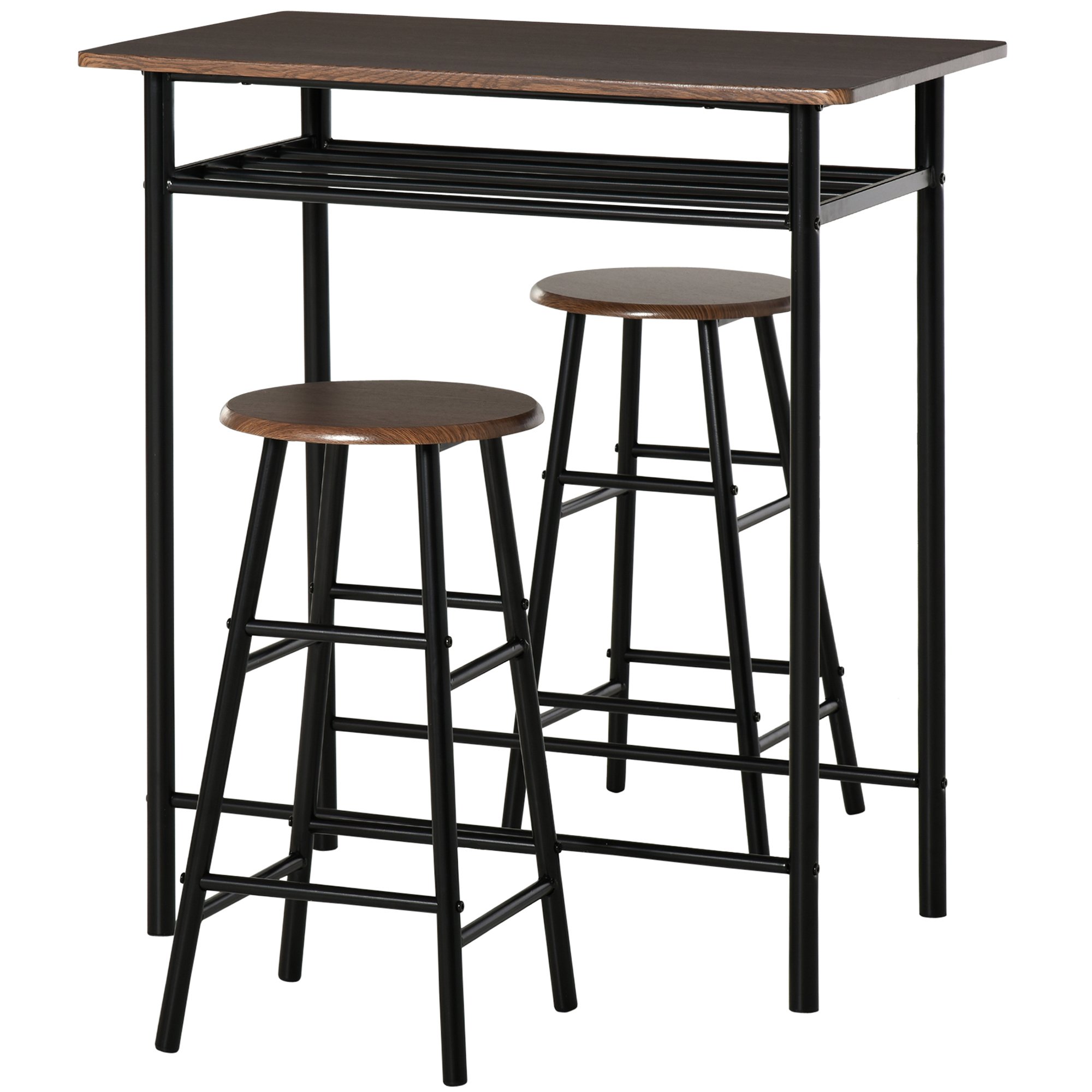 HOMCOM 3 Piece Bar Table and 2 Stools Set with Storage Shelf - Black