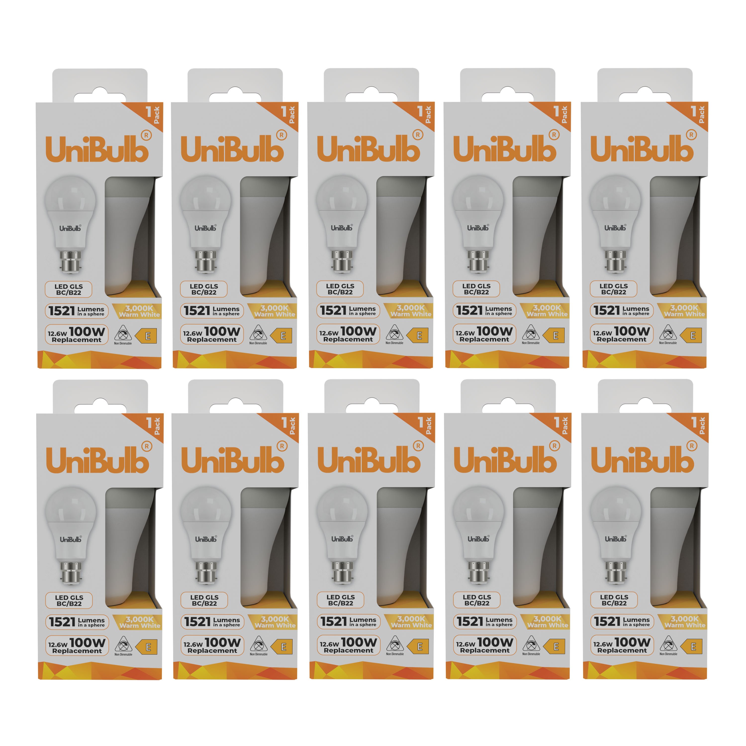 UniBulb 12.6W LED Warm White GLS B22 Light Bulb - Pack of 10