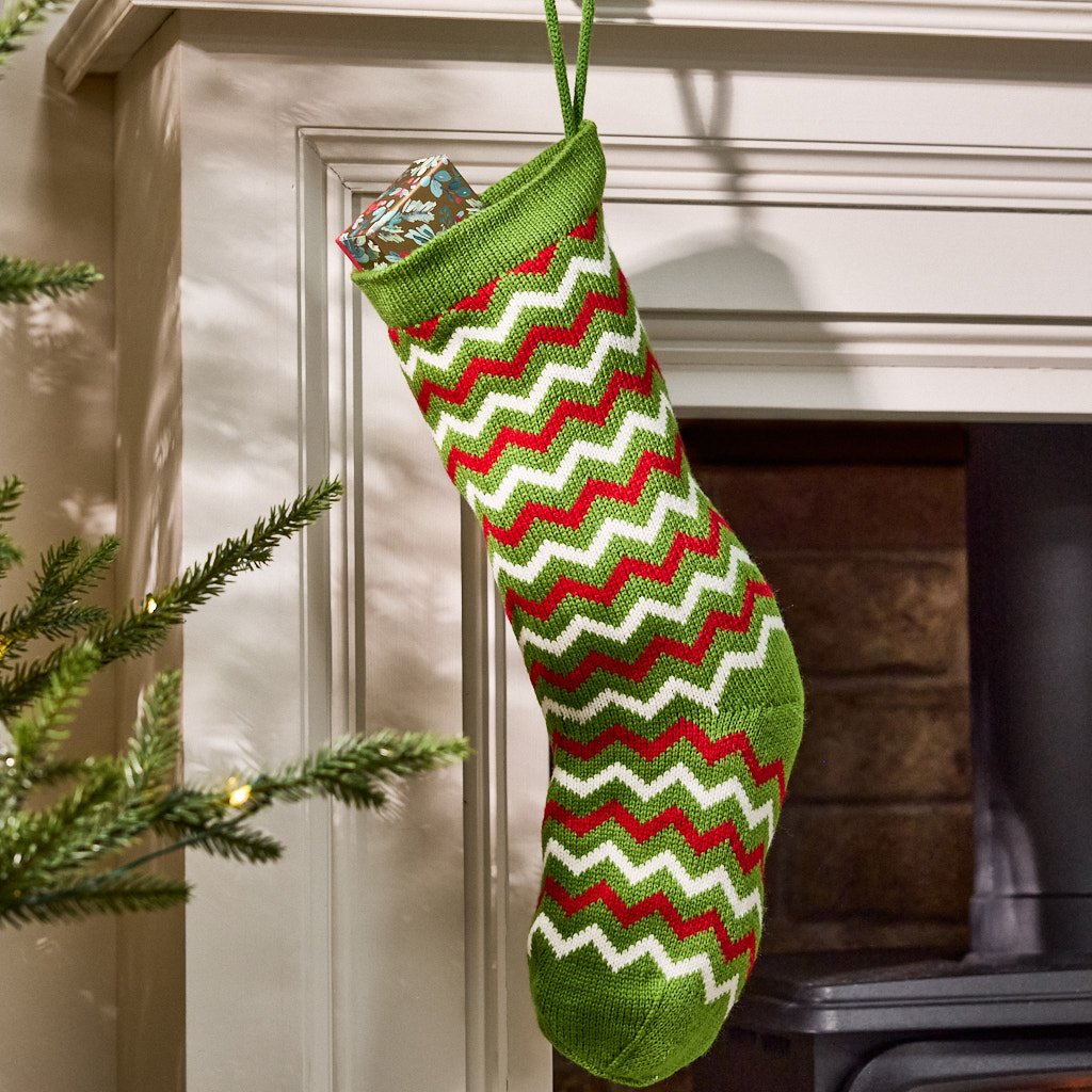 Dibor Knitted Zig-Zag Christmas Stocking - Green