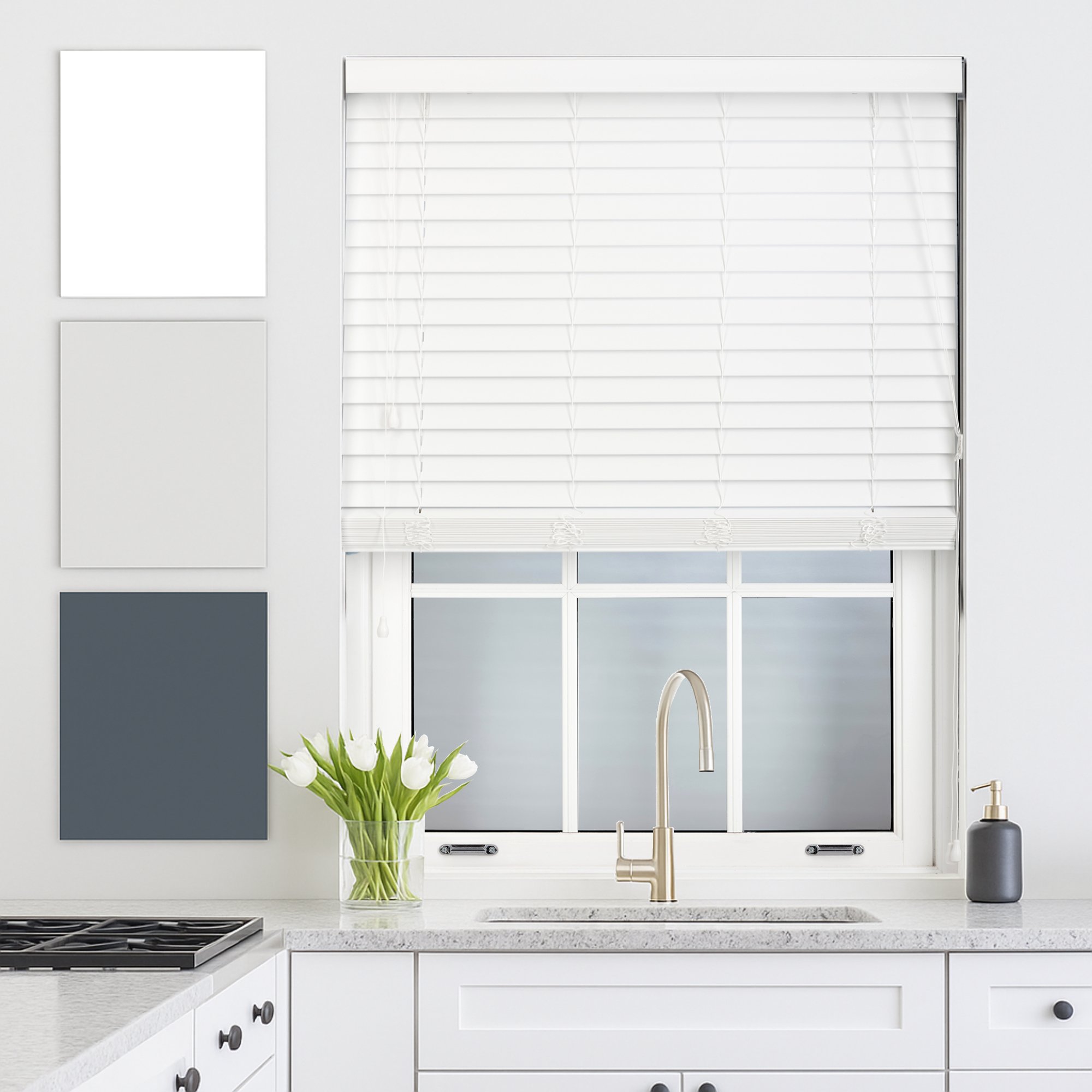Furnished White Faux Wood Venetian Blind with String - 180 x 150cm