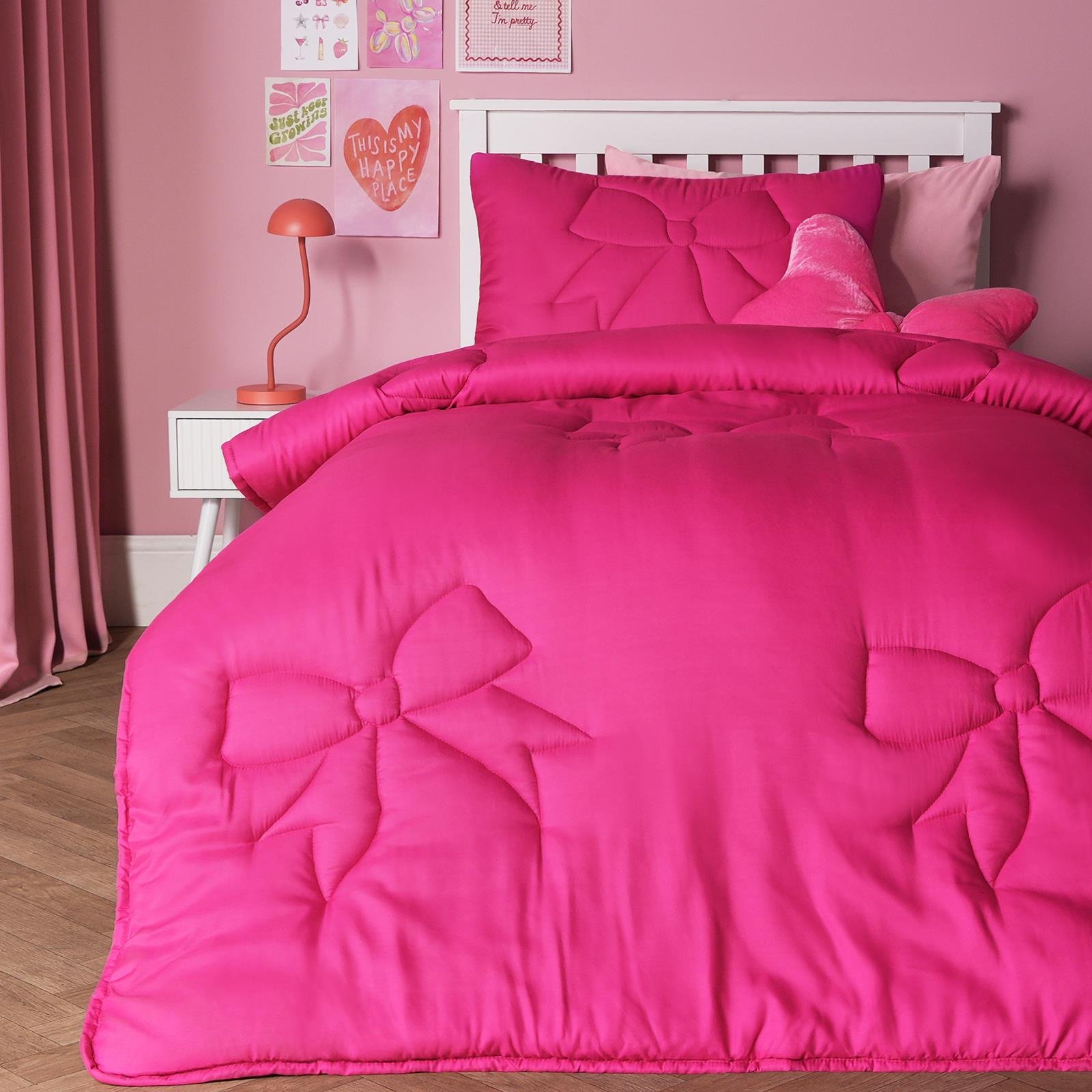 OHS Hot Pink Bow Quilted 7.5 Tog Coverless Duvet Bedding Set - Single