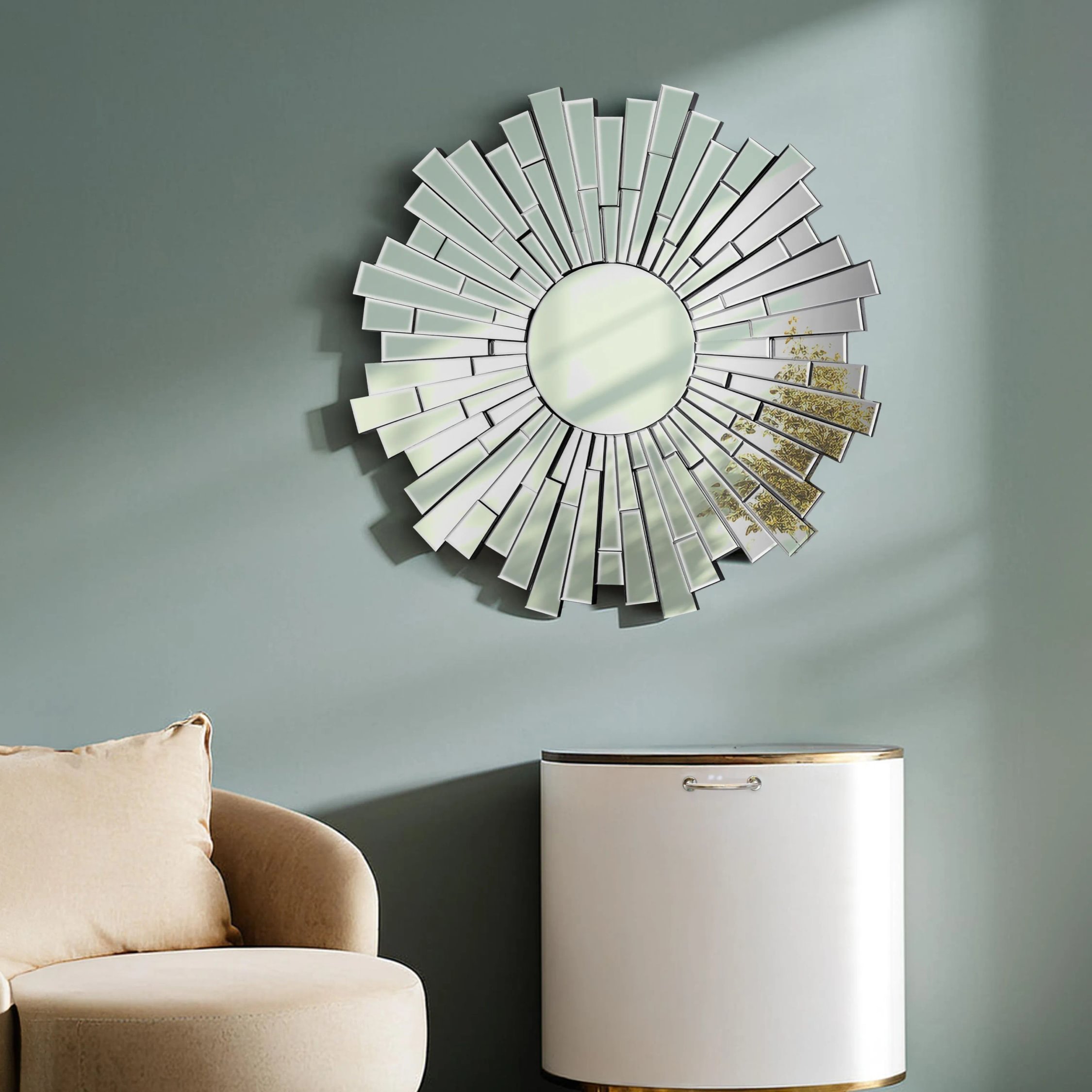 Orsina Glitzy Sunburst Round Wall Mirror – Silver