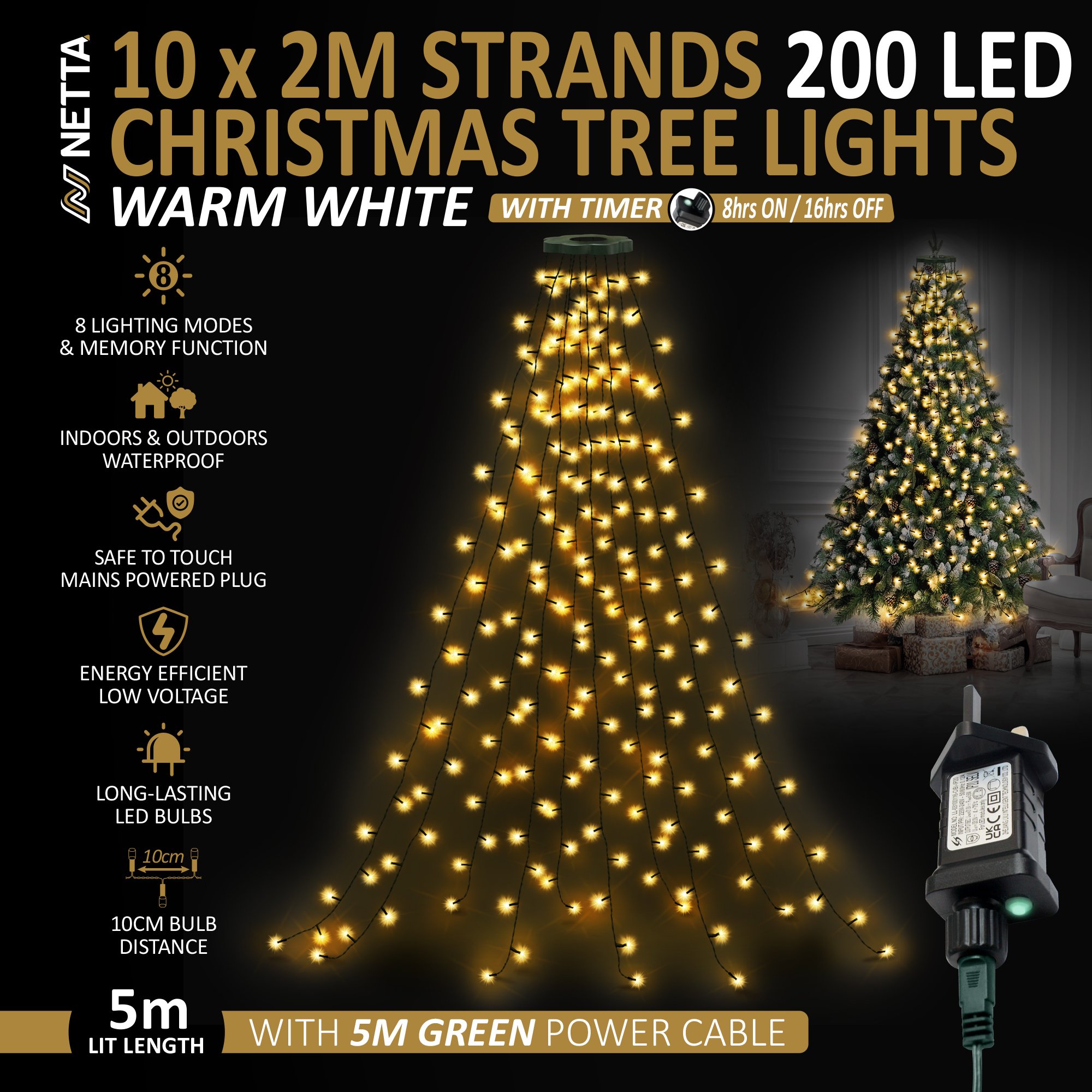 NETTA 2m 200 LED Christmas Tree Fairy String Lights - Warm White