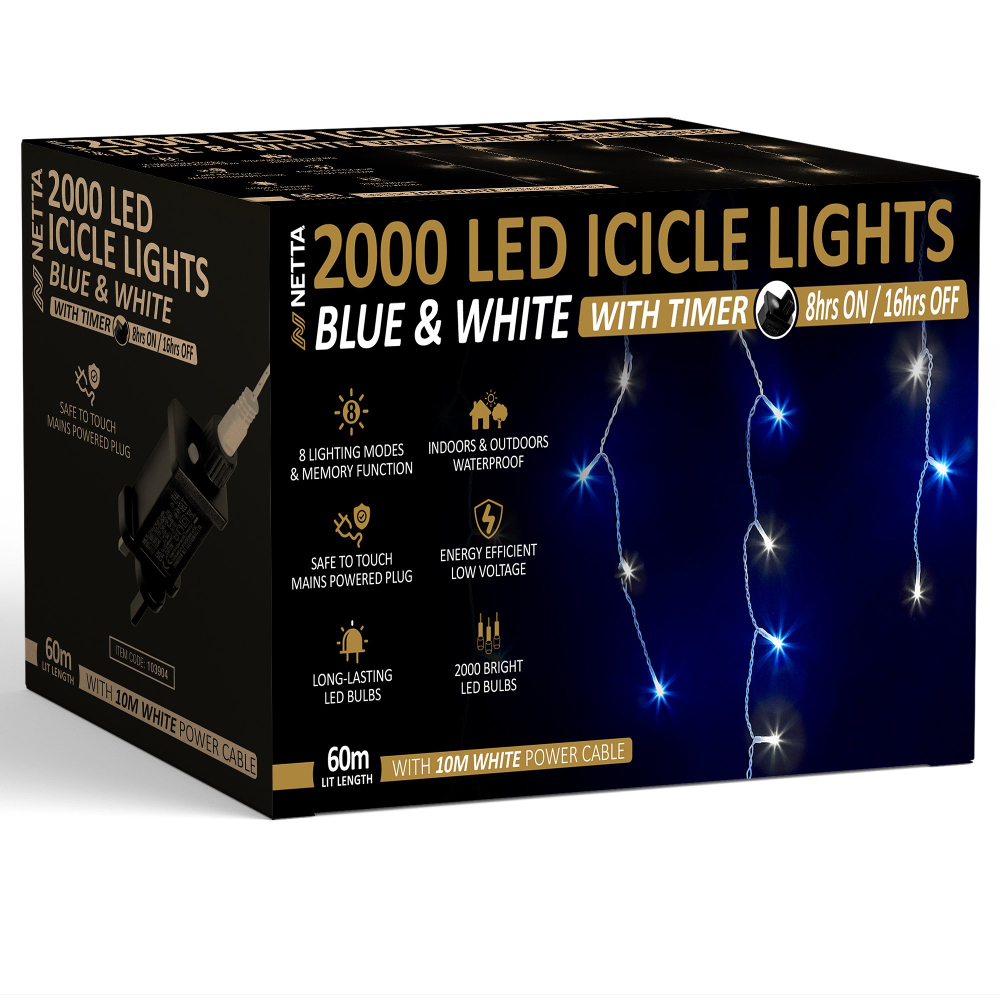 NETTA 60m 2000 LED Outdoor Icicle Christmas Lights with Timer - Blue White