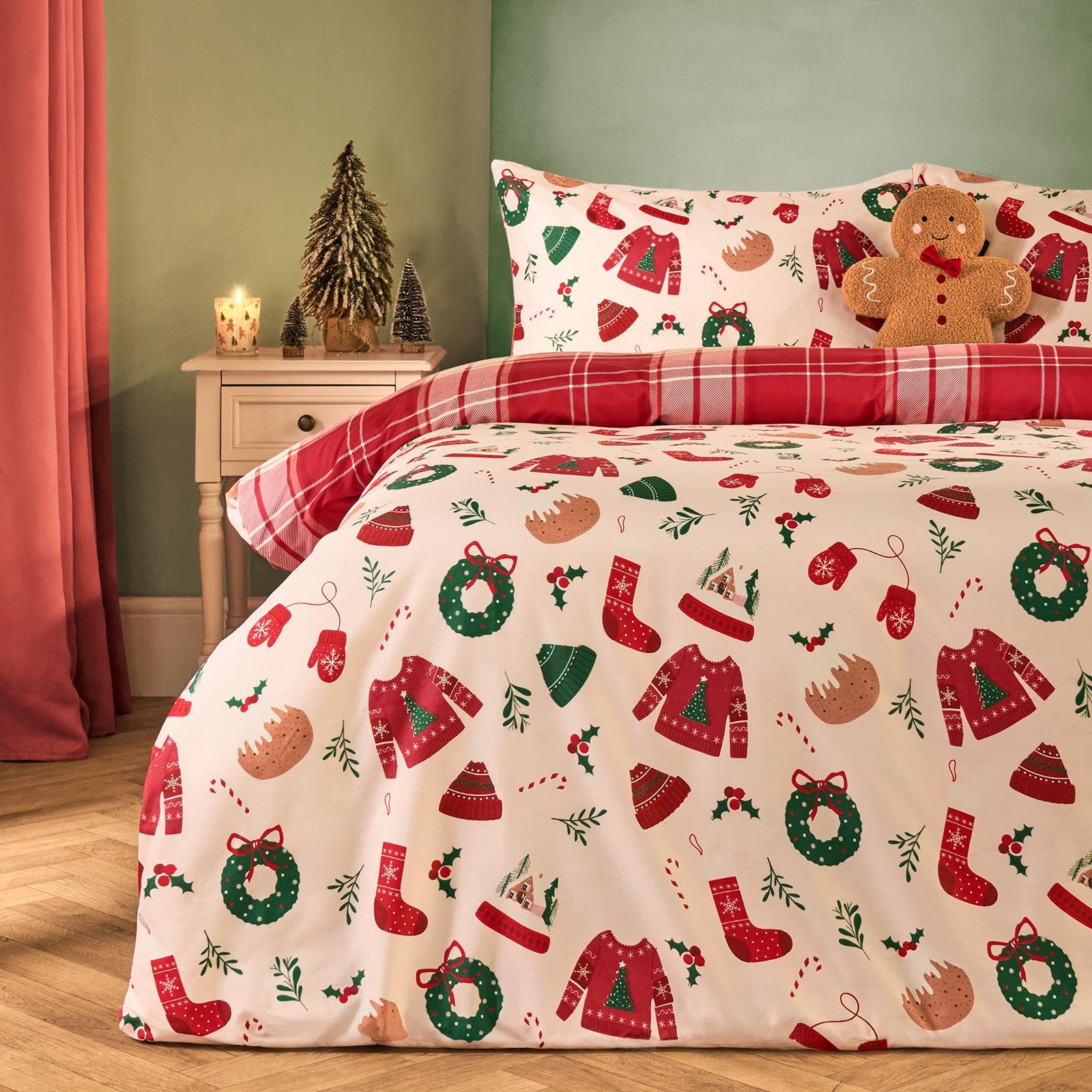 OHS Xmas Novelty Bedding Set Reversible Duvet Cover Set Cream - Double
