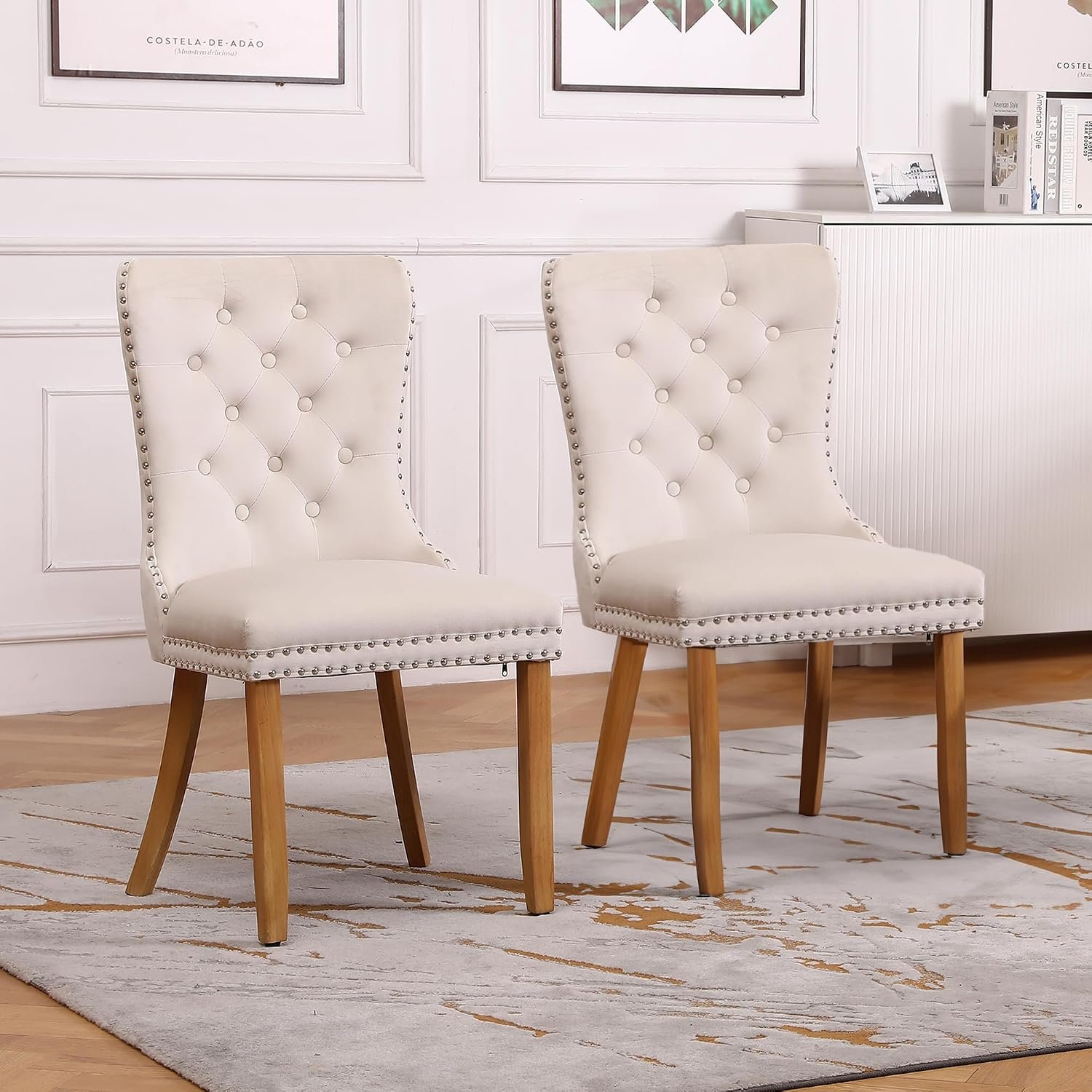 Neo Set of 2 Studded Velvet Dining Chairs - Natural