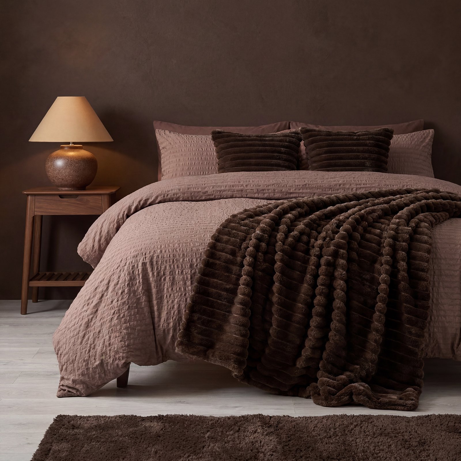 OHS Faux Fur Thick Rib Blanket Throw 125 x 150cm - Chocolate