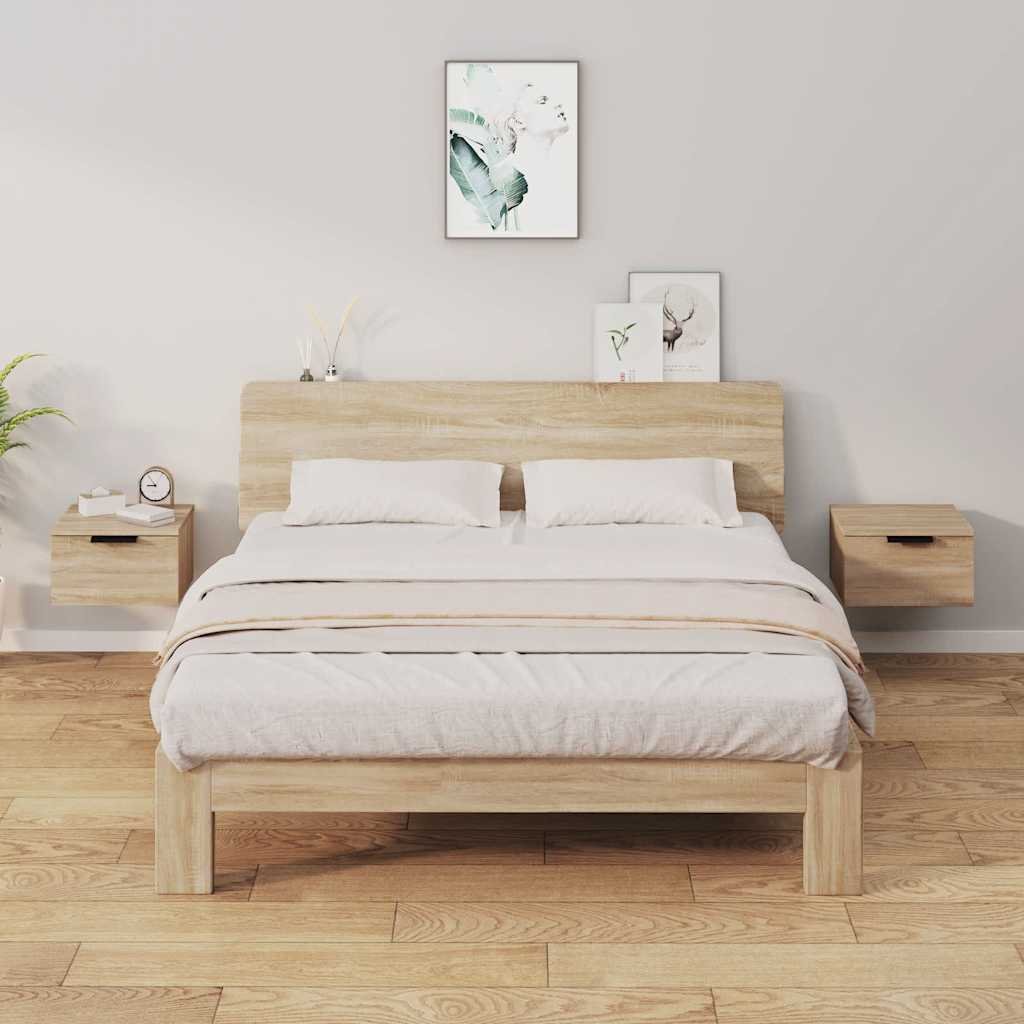 Walplus Pack of 2 Wall Mounted Bedside Cabinet - Light Oak - 34 x 30 x 20 cm