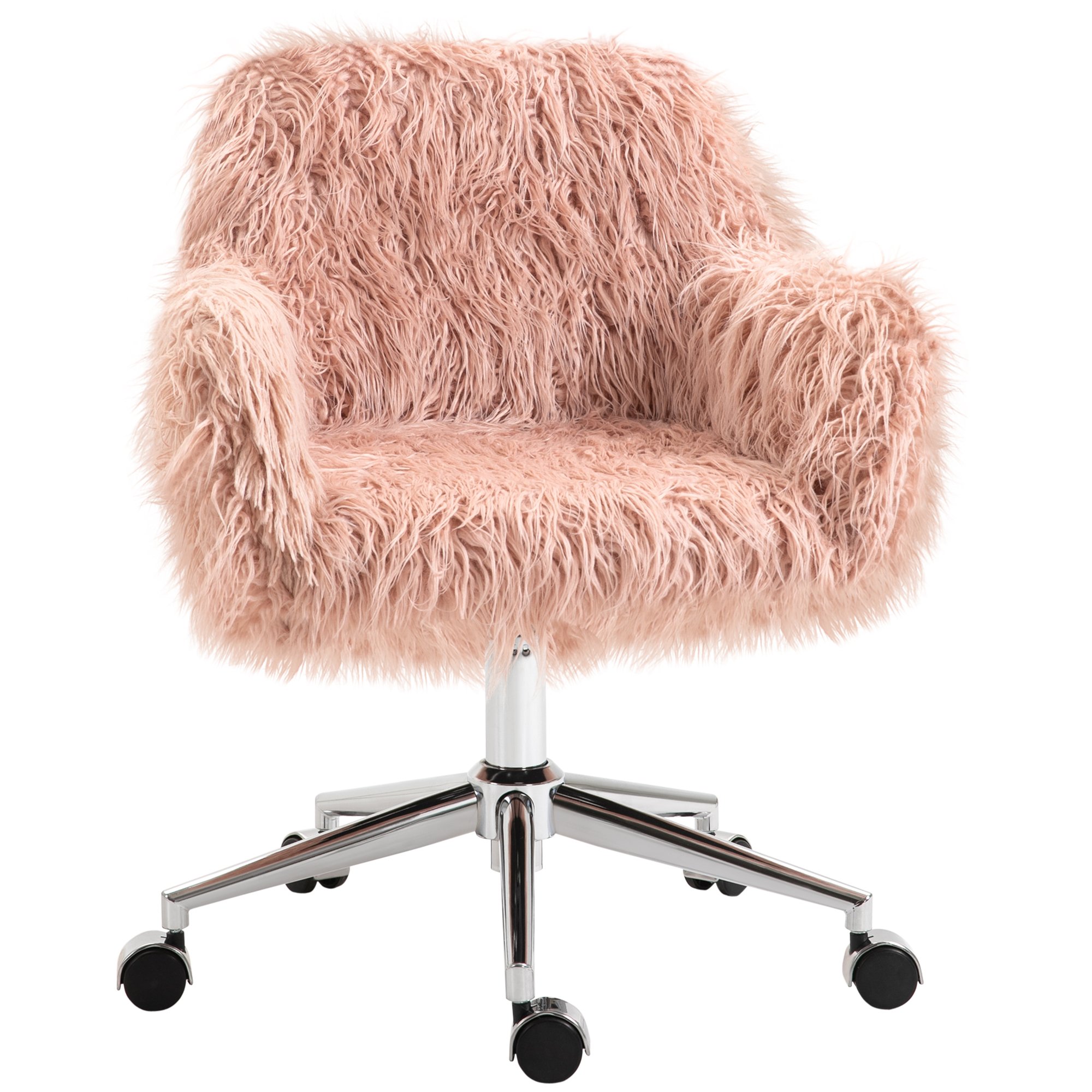 Vinsetto Faux Fur Desk Chair with Adjustable Height and Armrets- Pink