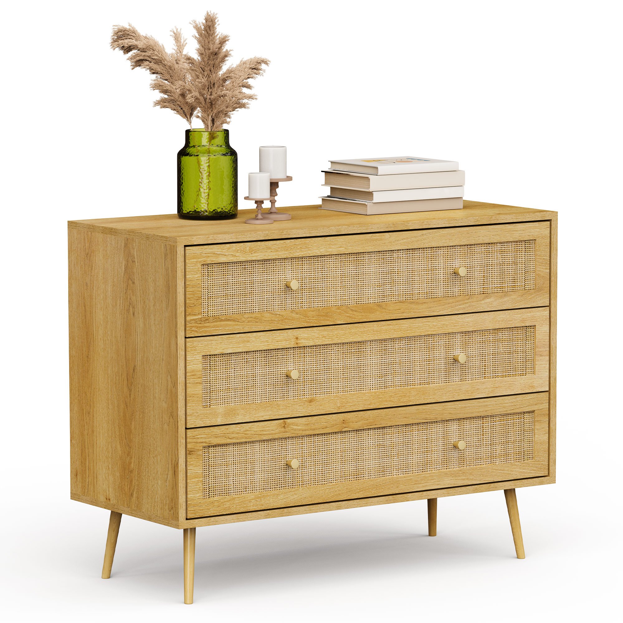 VonHaus Sienna 3 Drawers Rattan Chest - Natural Wood