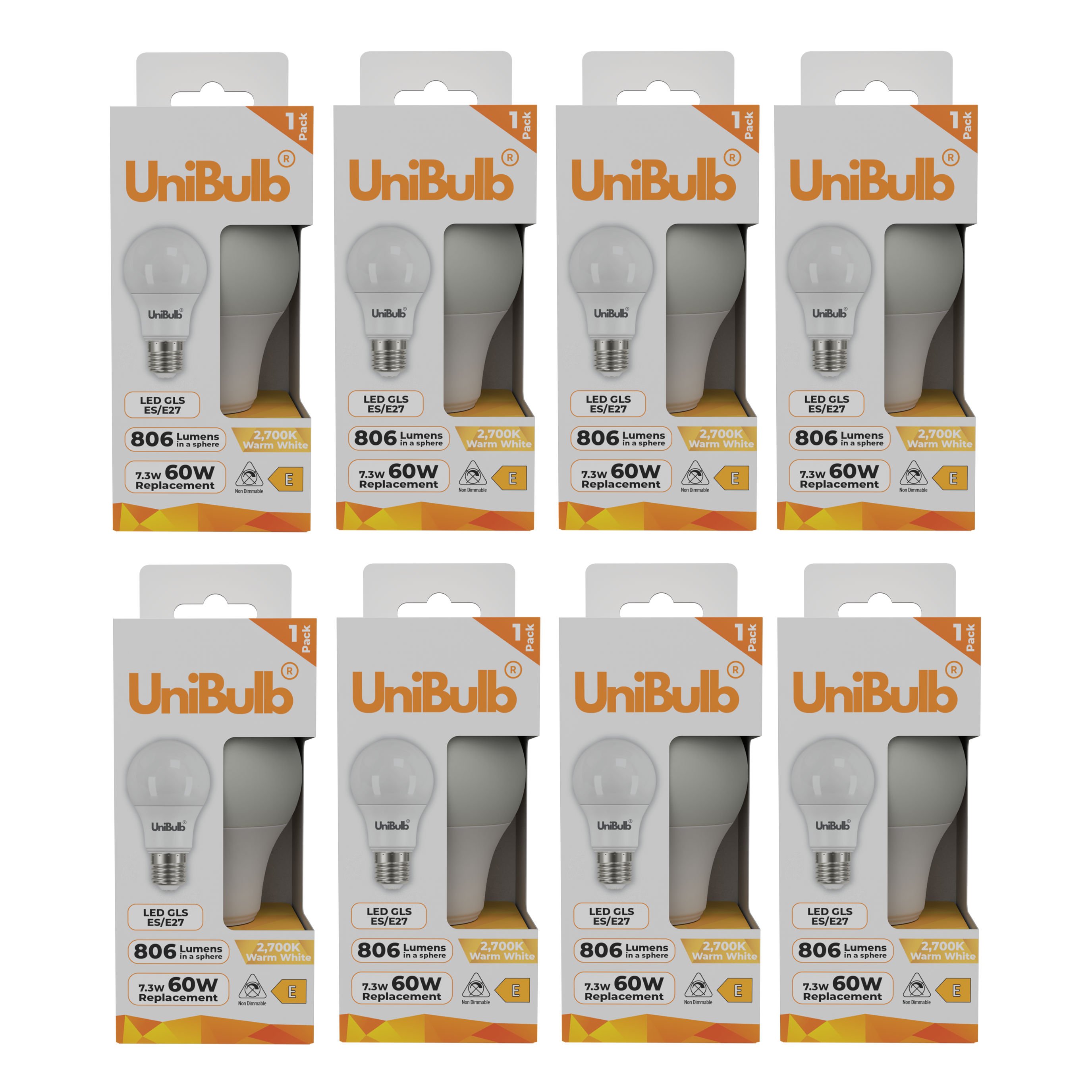 UniBulb 7.3W LED Warm White GLS E27 Light Bulb - Pack of 8