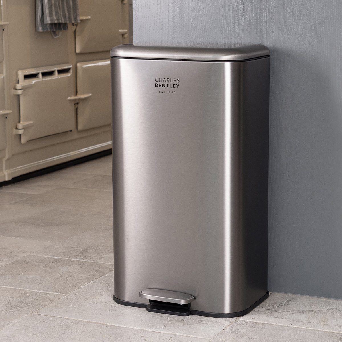 Charles Bentley 30L Slimline Rectangular Kitchen Pedal Bin - Silver