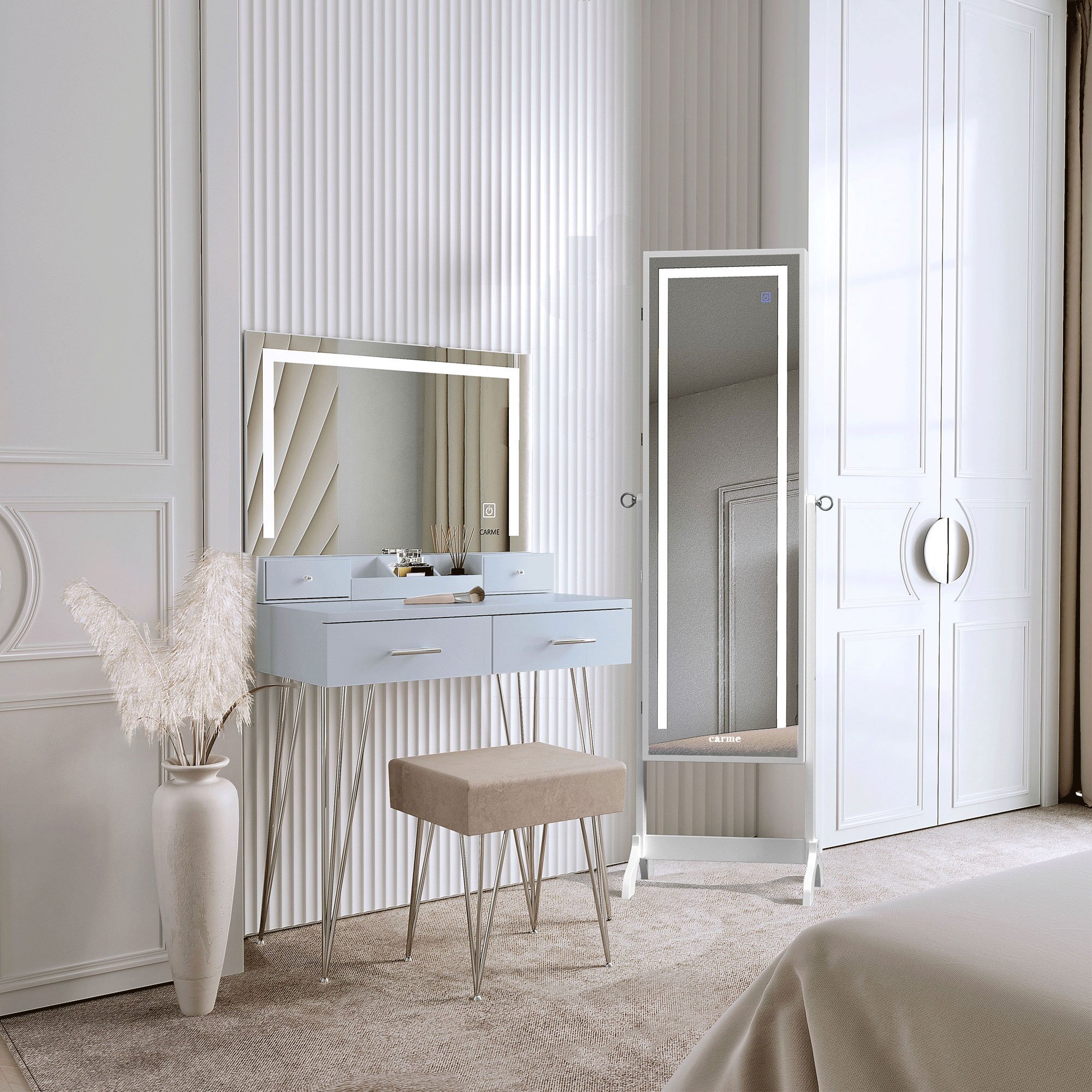 CARME Home Sophia Grey LED Dressing Table & Nova White LED Jewellery Cabinet
