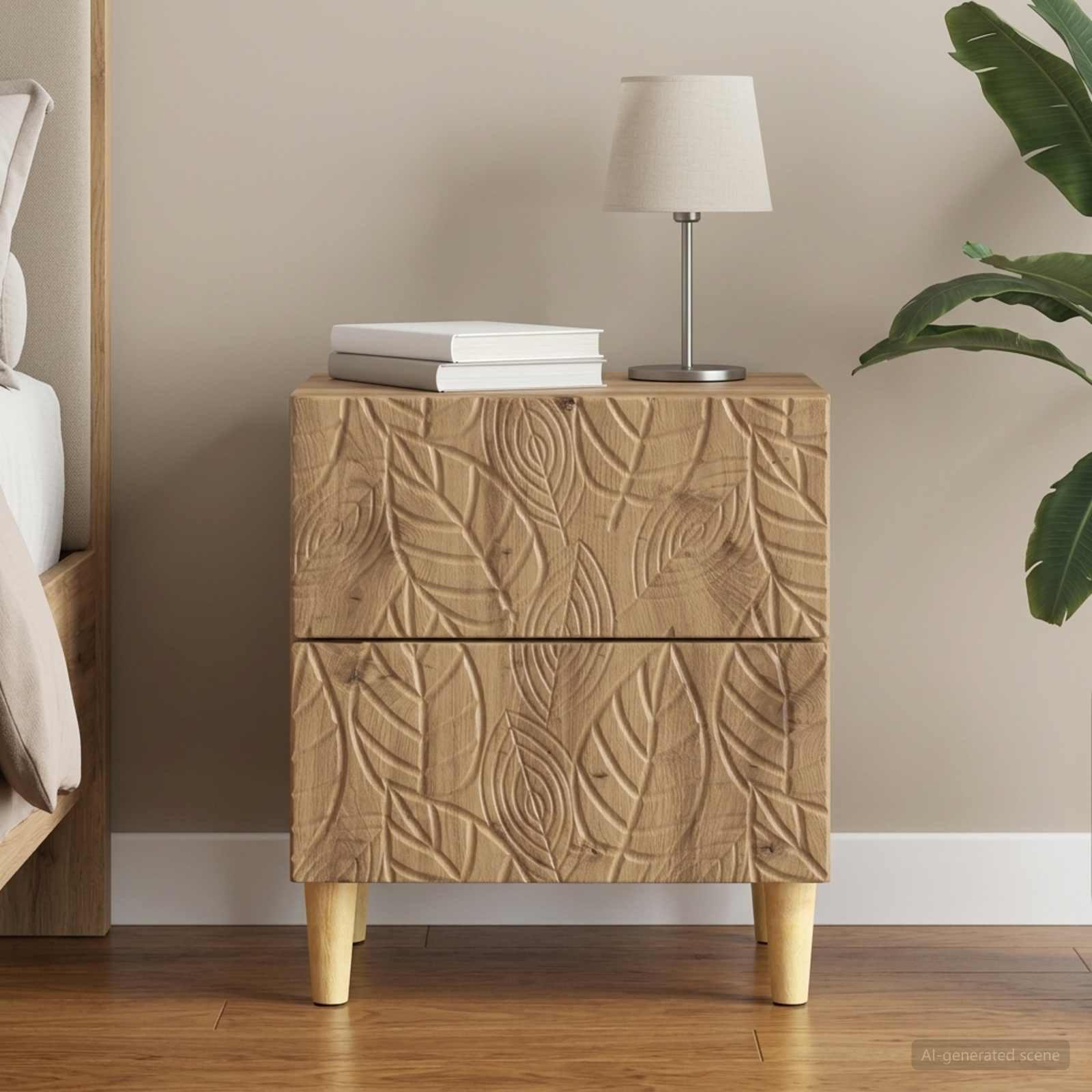 Walplus 2 Drawer Engineered Wood Bedside Table - Oak - 43 x 34.5 x 48 cm