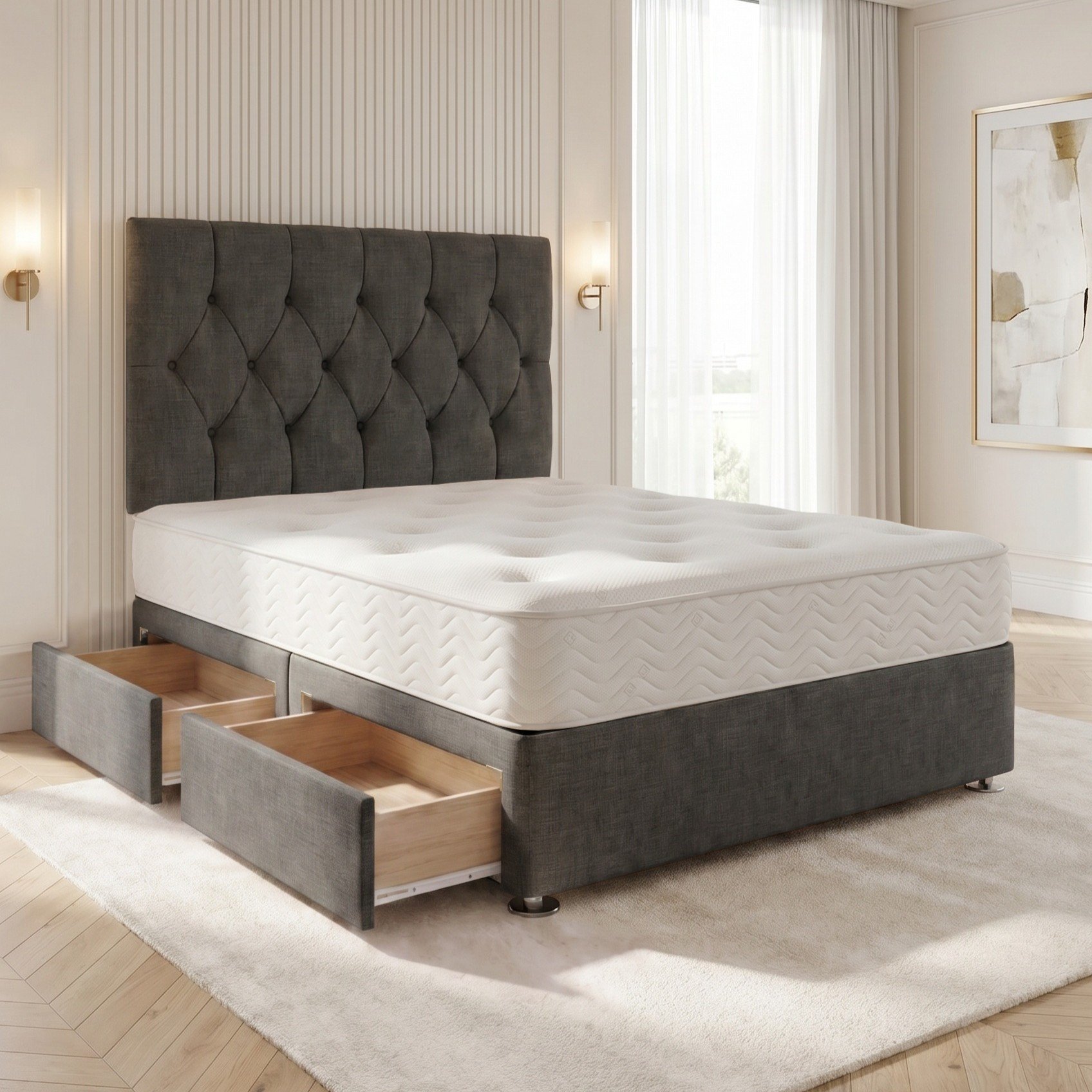 Somnior Chester Linen King 2 Drawer Open Coil Divan Bed Set - Charcoal