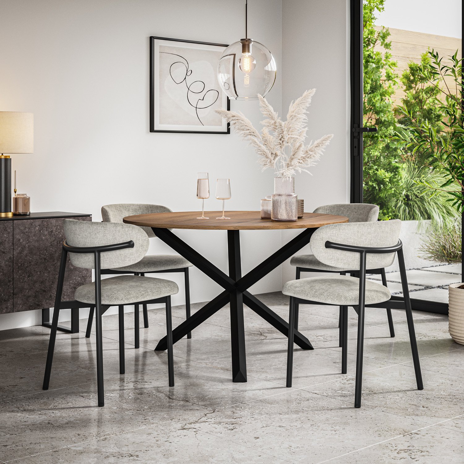 Furniture Online Malvern Oak Effect Dining Table & 4 Myla Grey Chairs
