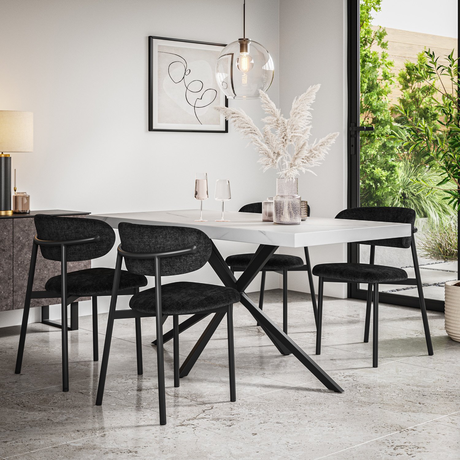 Furniture Online Donni Marble Effect Dining Table & 4 Myla Black Chairs