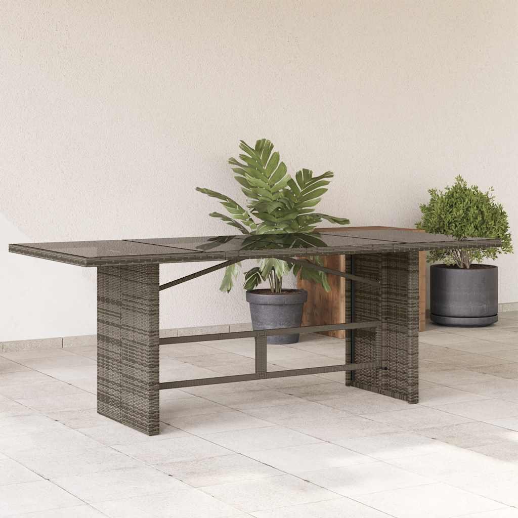 Walplus Poly Rattan Garden Table with Glass Top - Grey - 190 x 80 x 74 cm