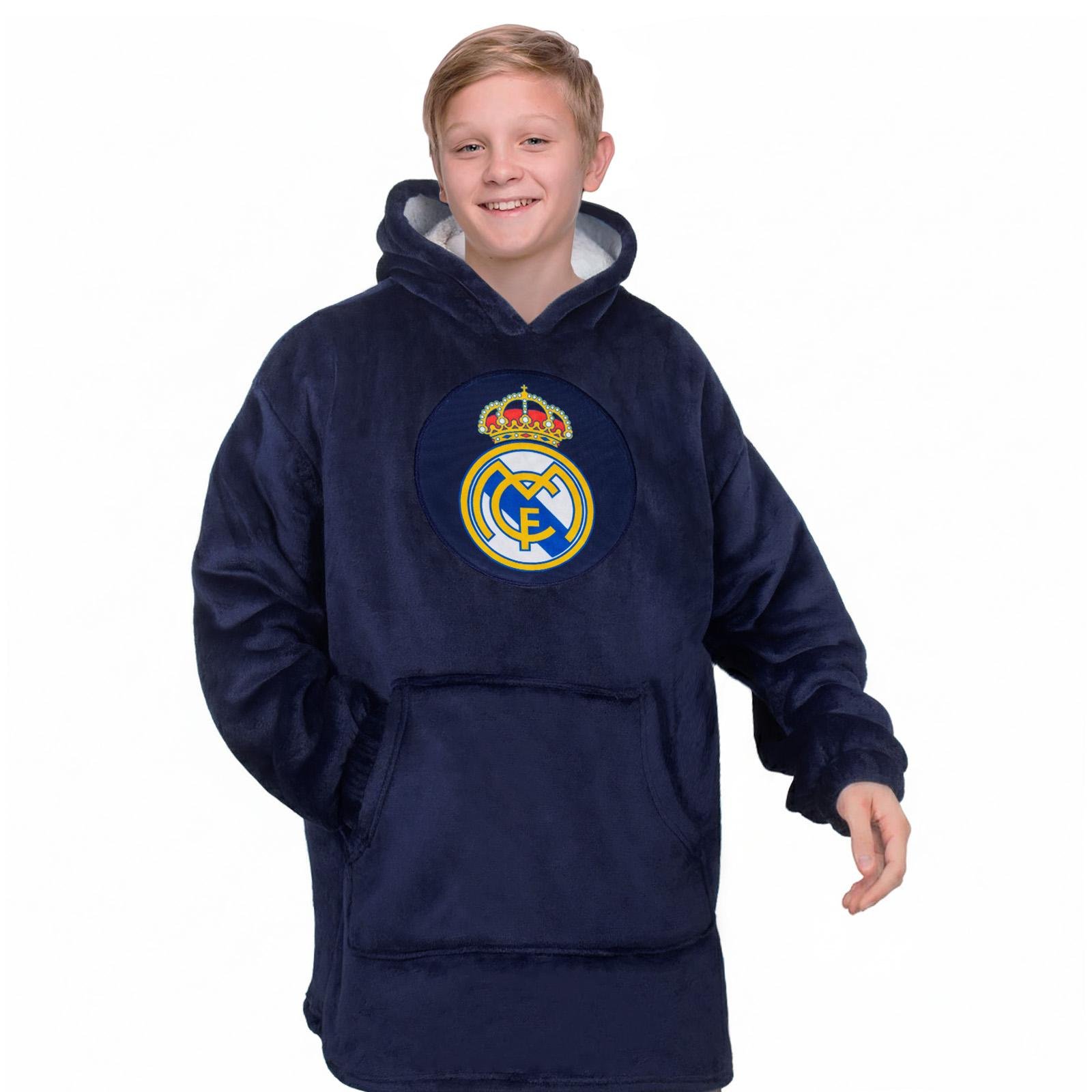 Real Madrid CF Kids Crest Oversized Navy Blue Blanket Hoodie - 10-14 Years
