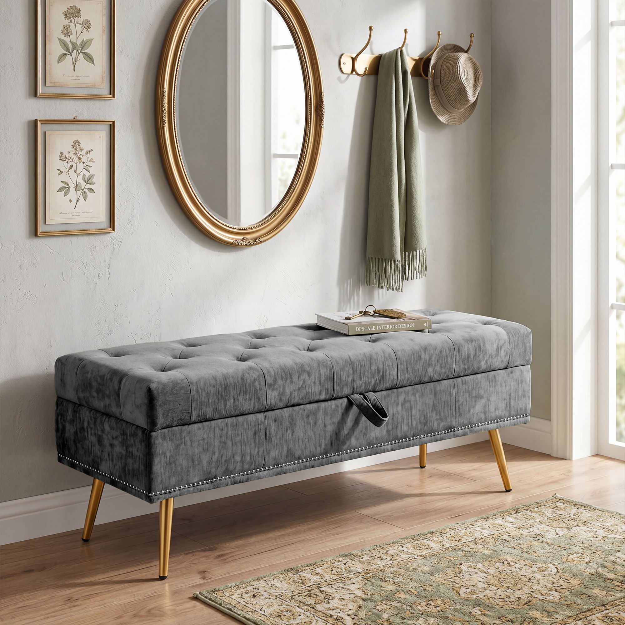 HOMCOM Chenille Upholstered Ottoman Storage Box - Grey
