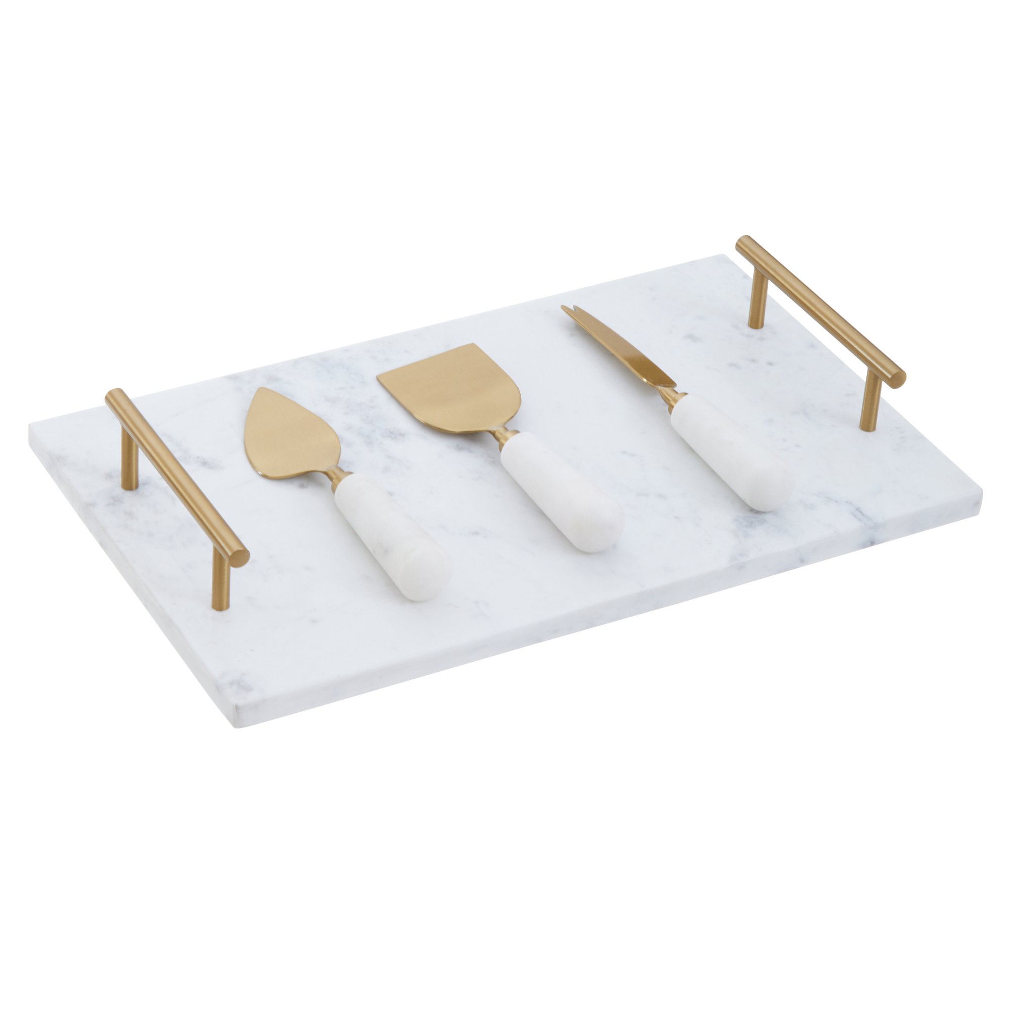 Orsina Marina White Marble Cheese Board with Three Cheese Tools – White and Gold