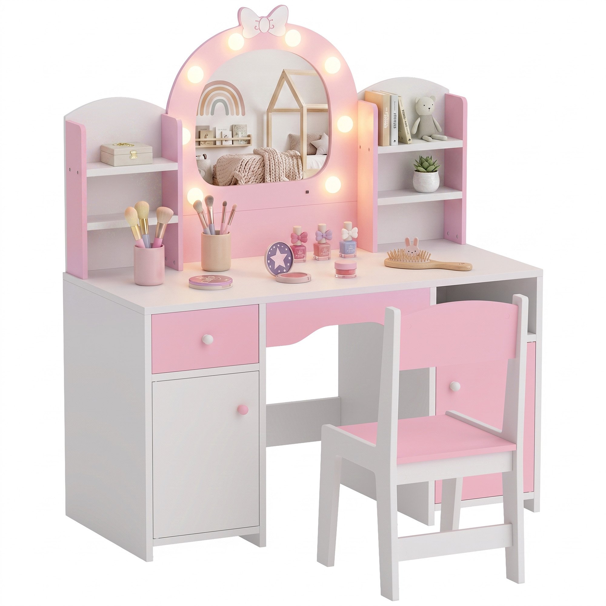 AIYAPLAY 3-8 Years 2-Colour Light Up Mirror Dressing Table and Stool Set – Pink