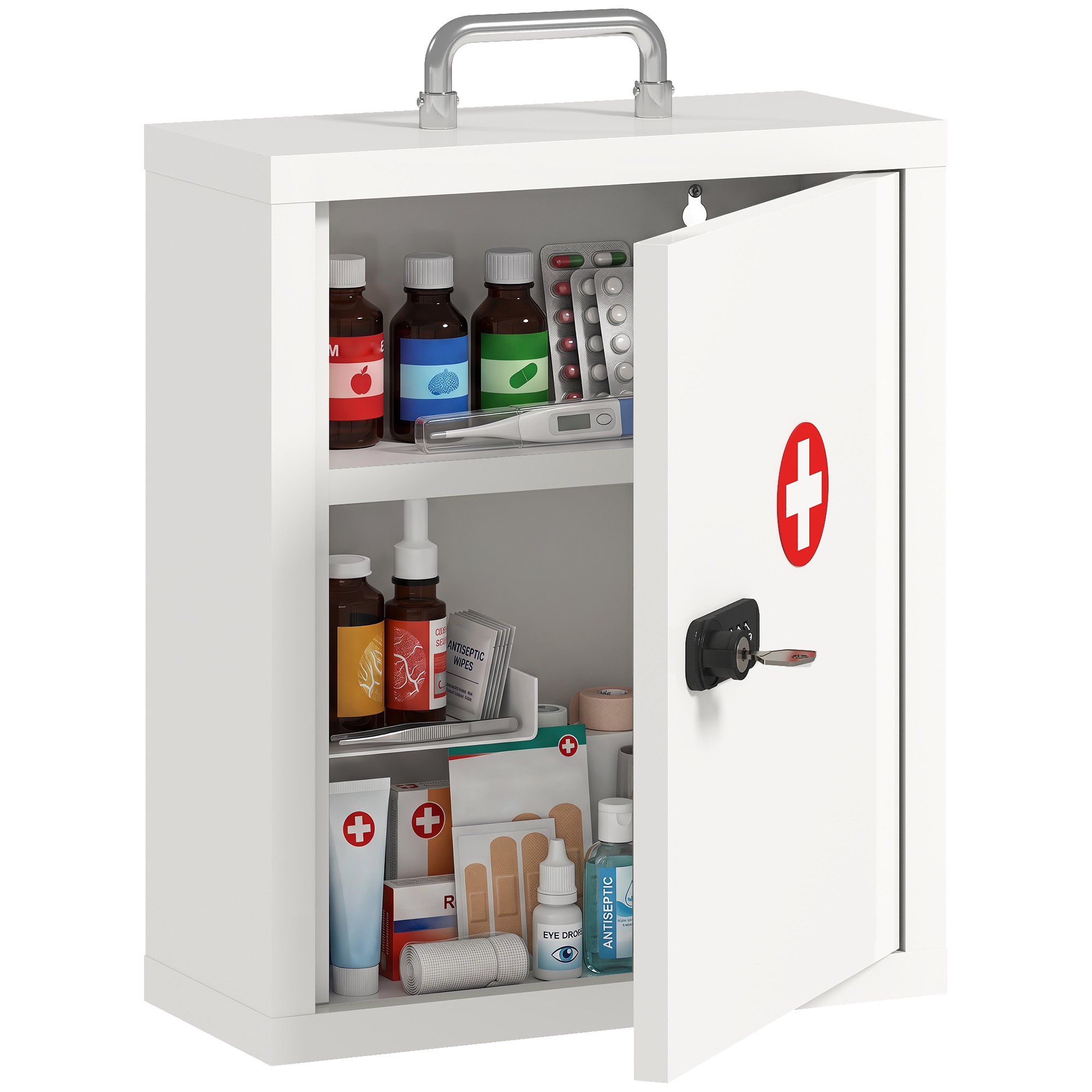 HOMCOM 3 Tier Steel Locking First Aid Cabinet - White