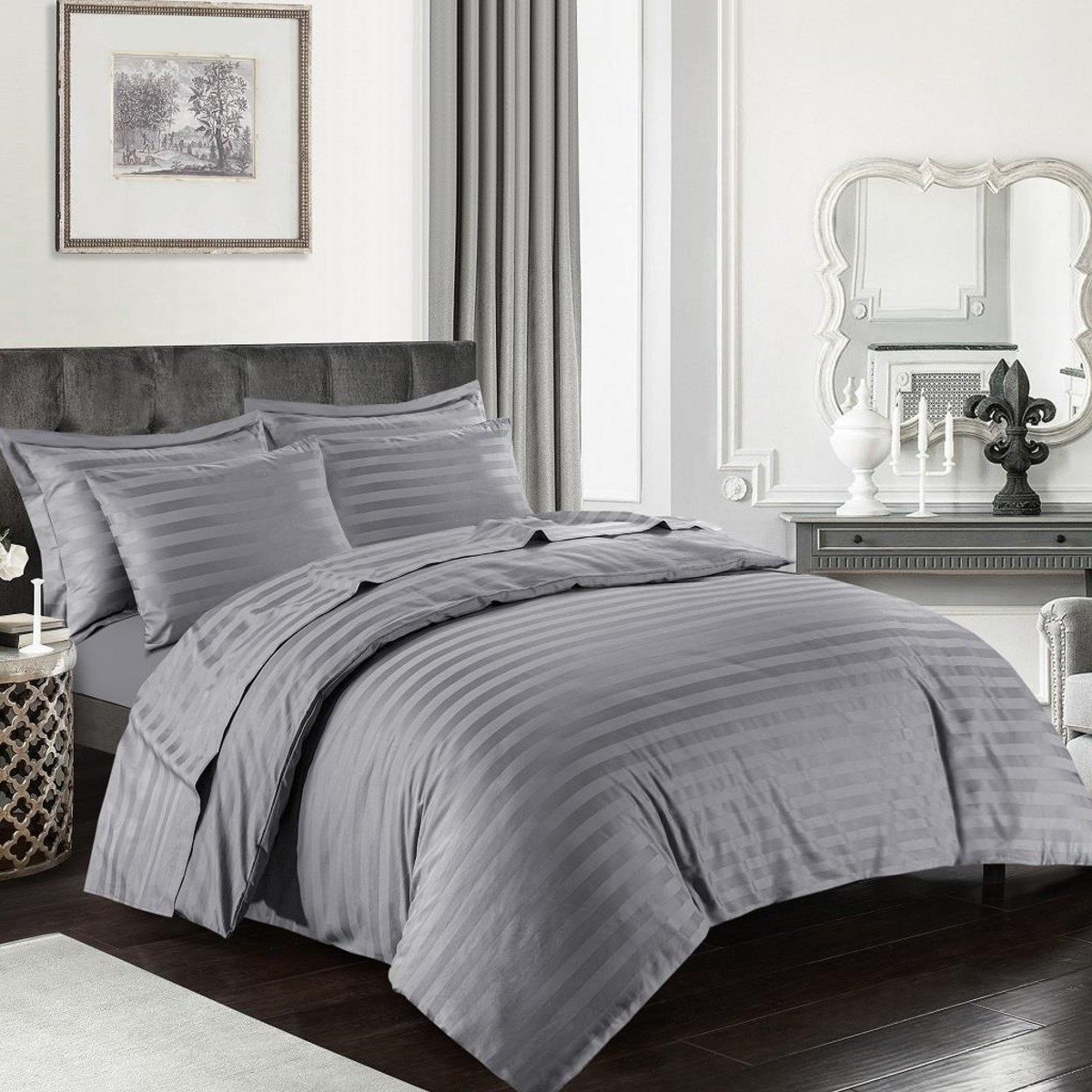 HomeSpace Direct T-400 Satin Stripe Silver Duvet Cover Set - Double