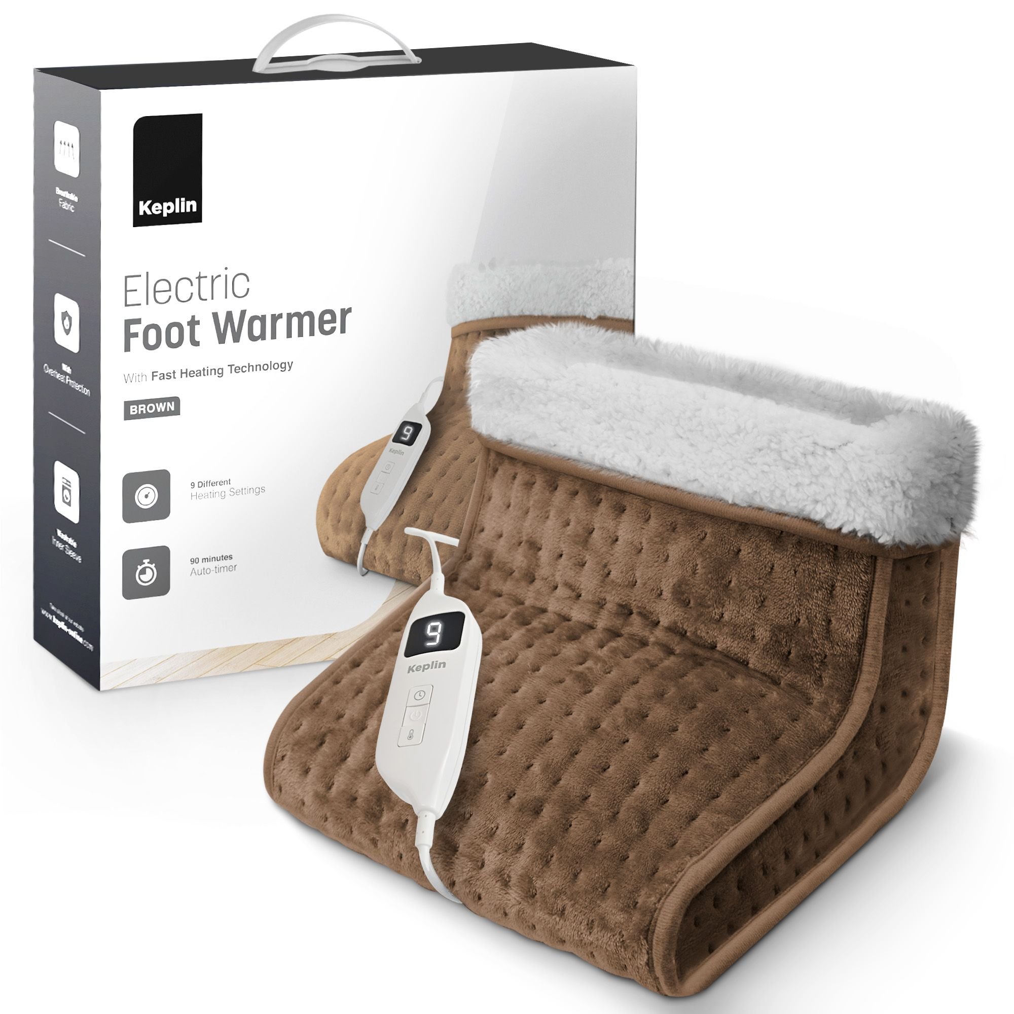 Keplin Fleece Lined 9 Heat Setting Electric Foot Warmer - Brown