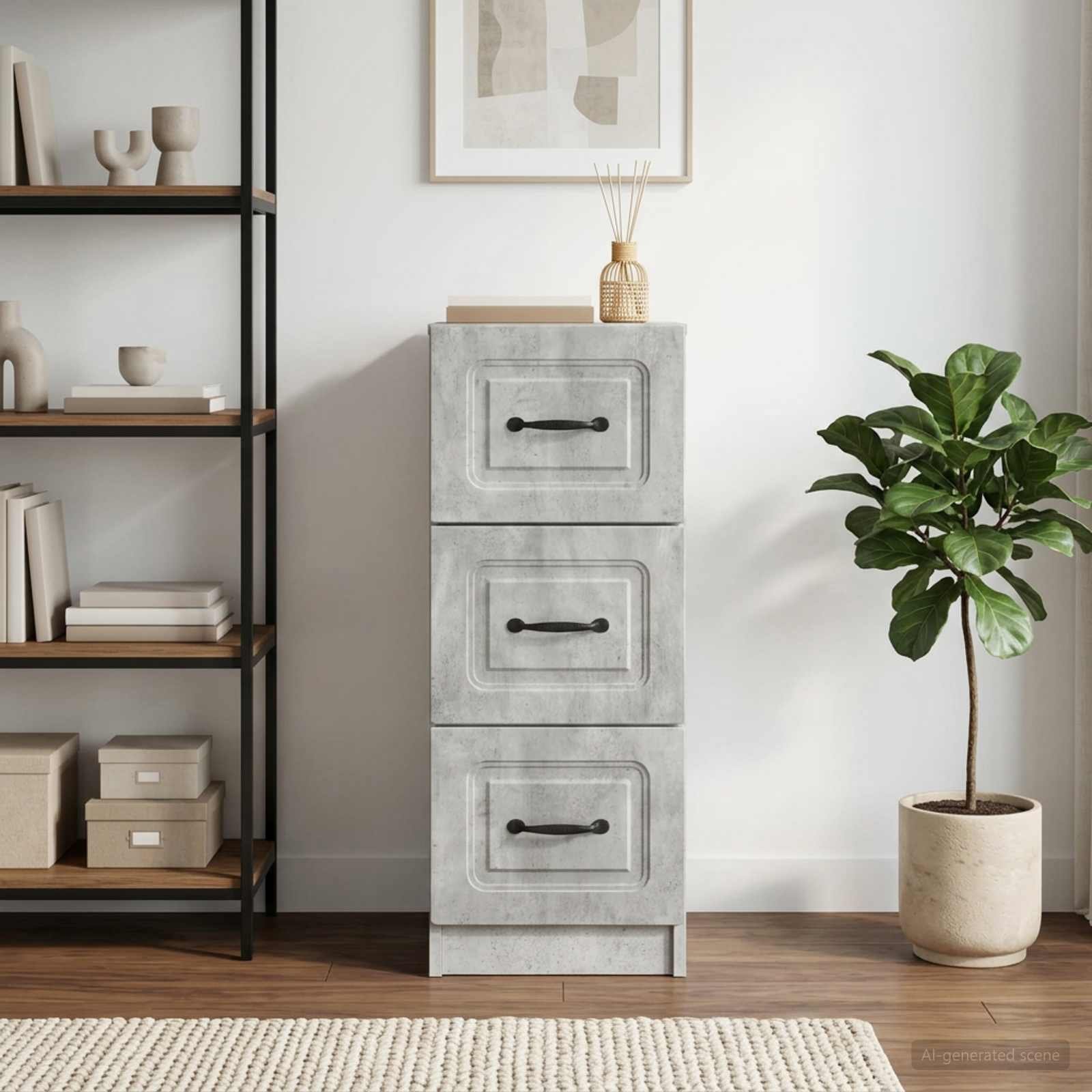 Walplus Engineered Wood Drawer Cabinet - Concrete Grey - 33 x 34.5 x 87 cm