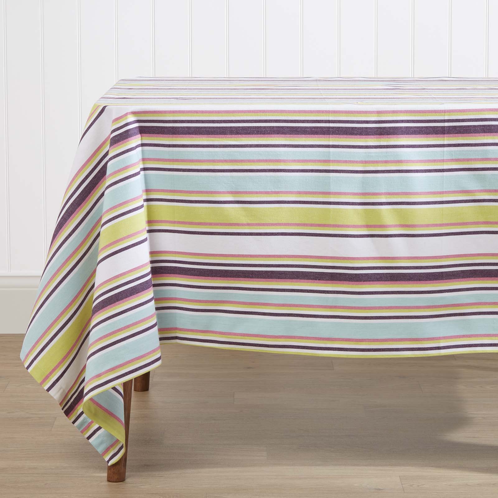 Homescapes Cotton Osaka Multi Stripe Tablecloth - 137 x 228 cm - Green