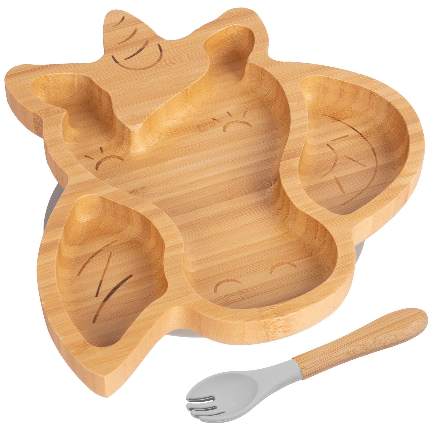 Tiny Dining Bamboo Unicorn Baby Weaning Plate & Fork Set - Grey