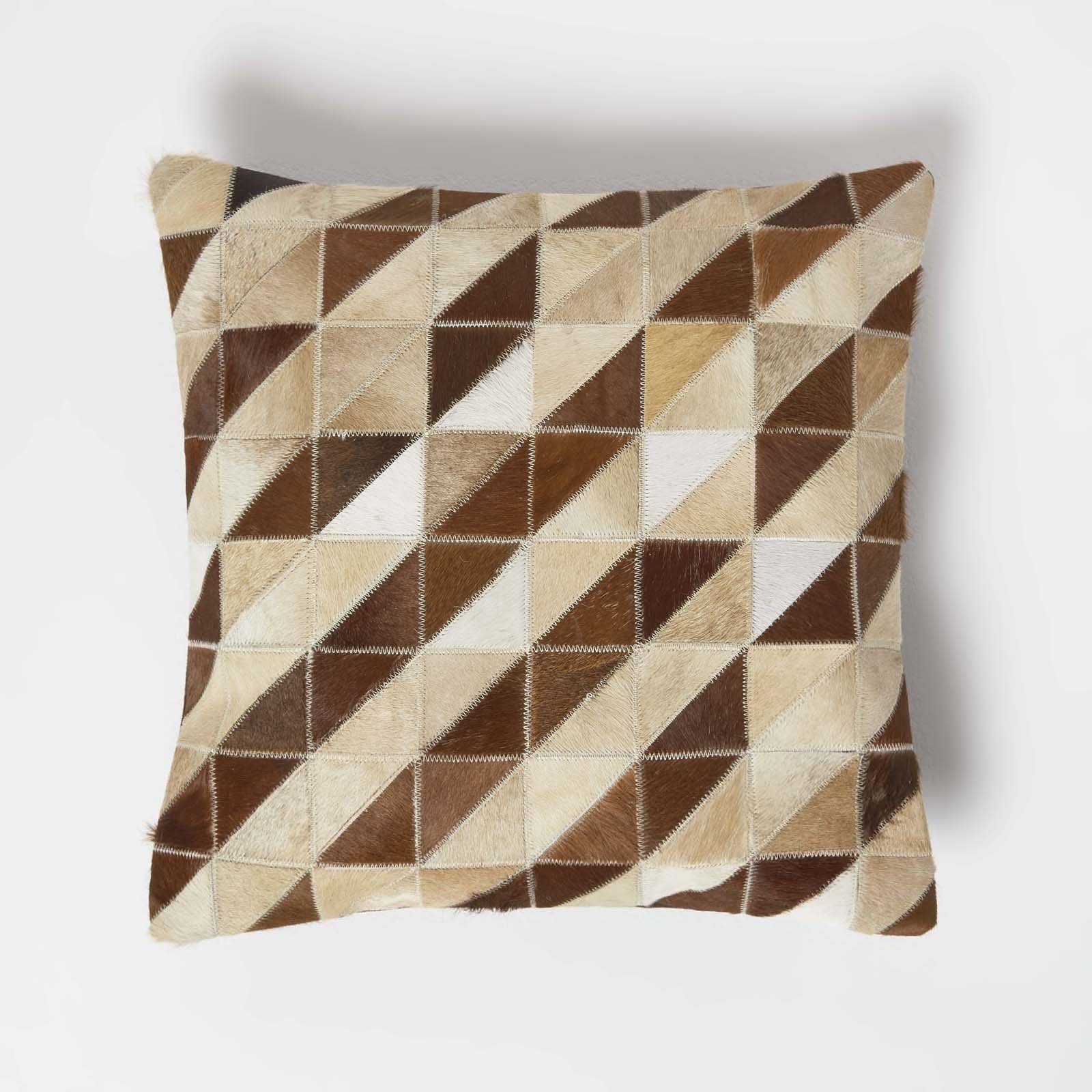 Homescapes Cream & Brown Diamond Check Leather Cushion - 45 x 45 cm