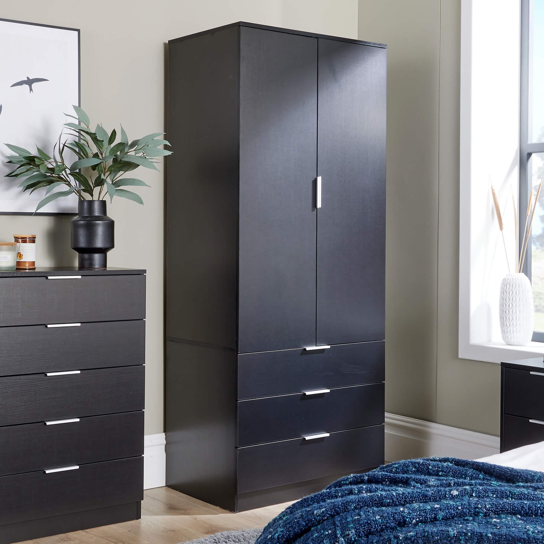 Home Source Phoenix 2 Door 3 Drawer Wardrobe - Black