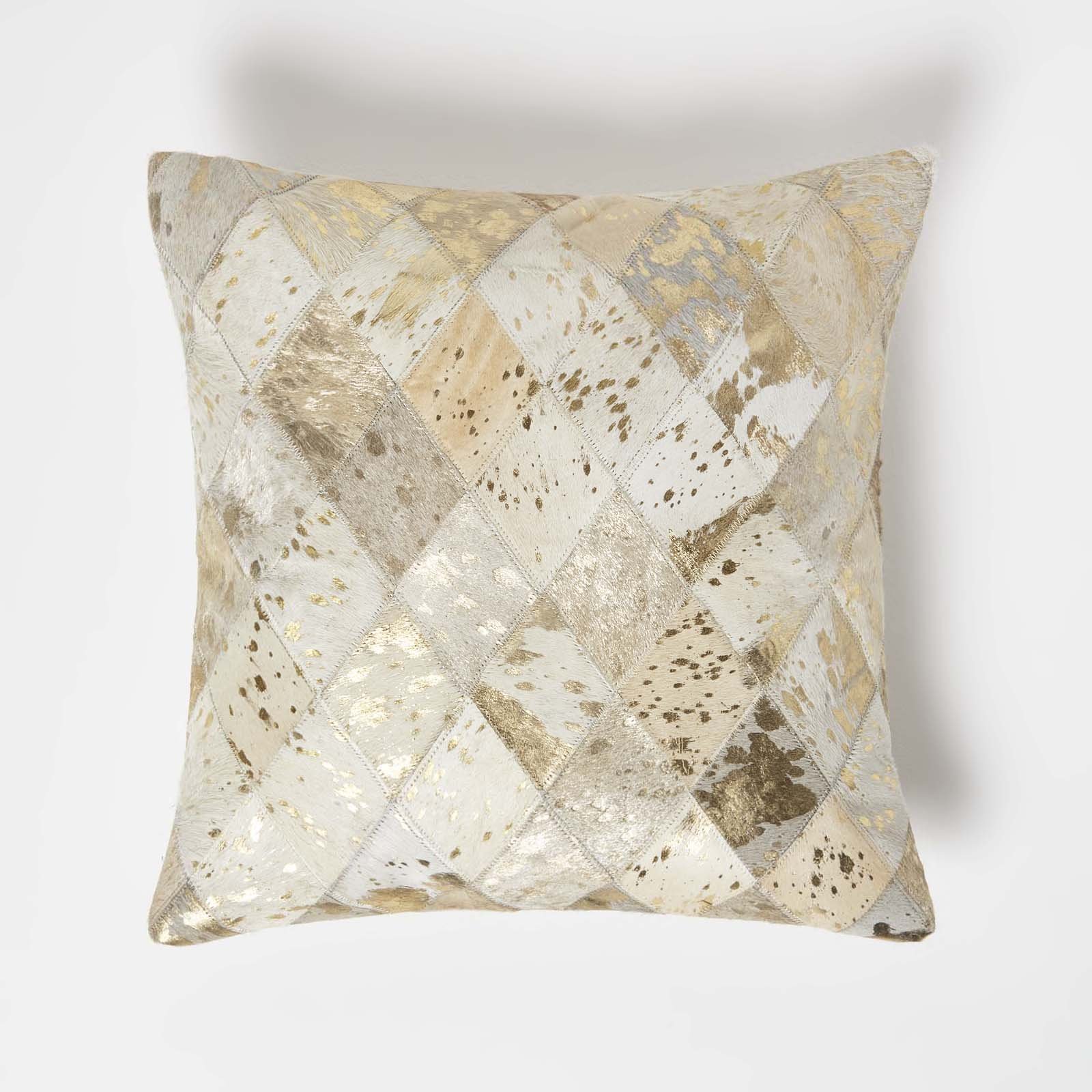 Homescapes Gold & Grey Geometric Diamond Leather Cushion