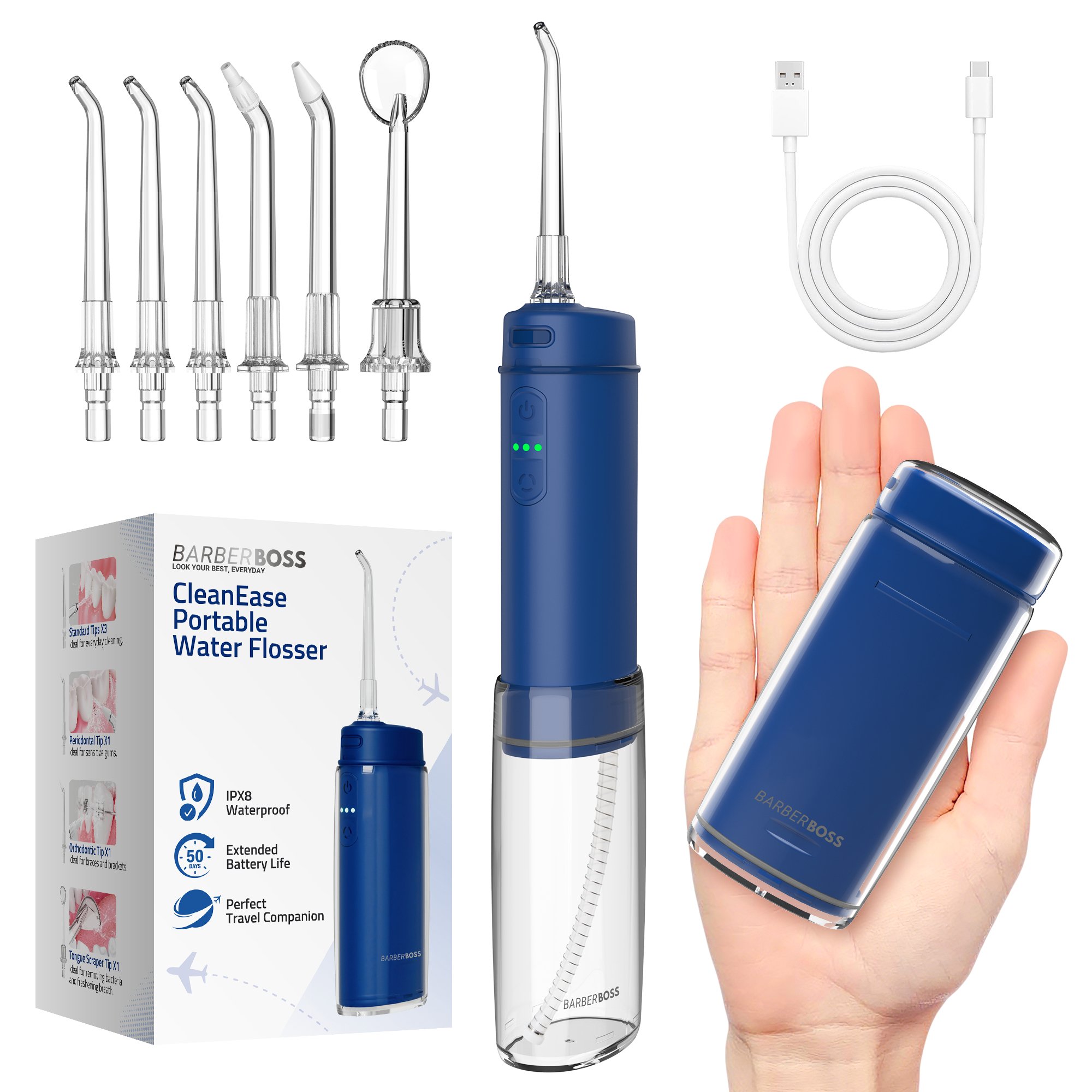 BarberBoss CleanEase Travel Portable Water Flosser Navy
