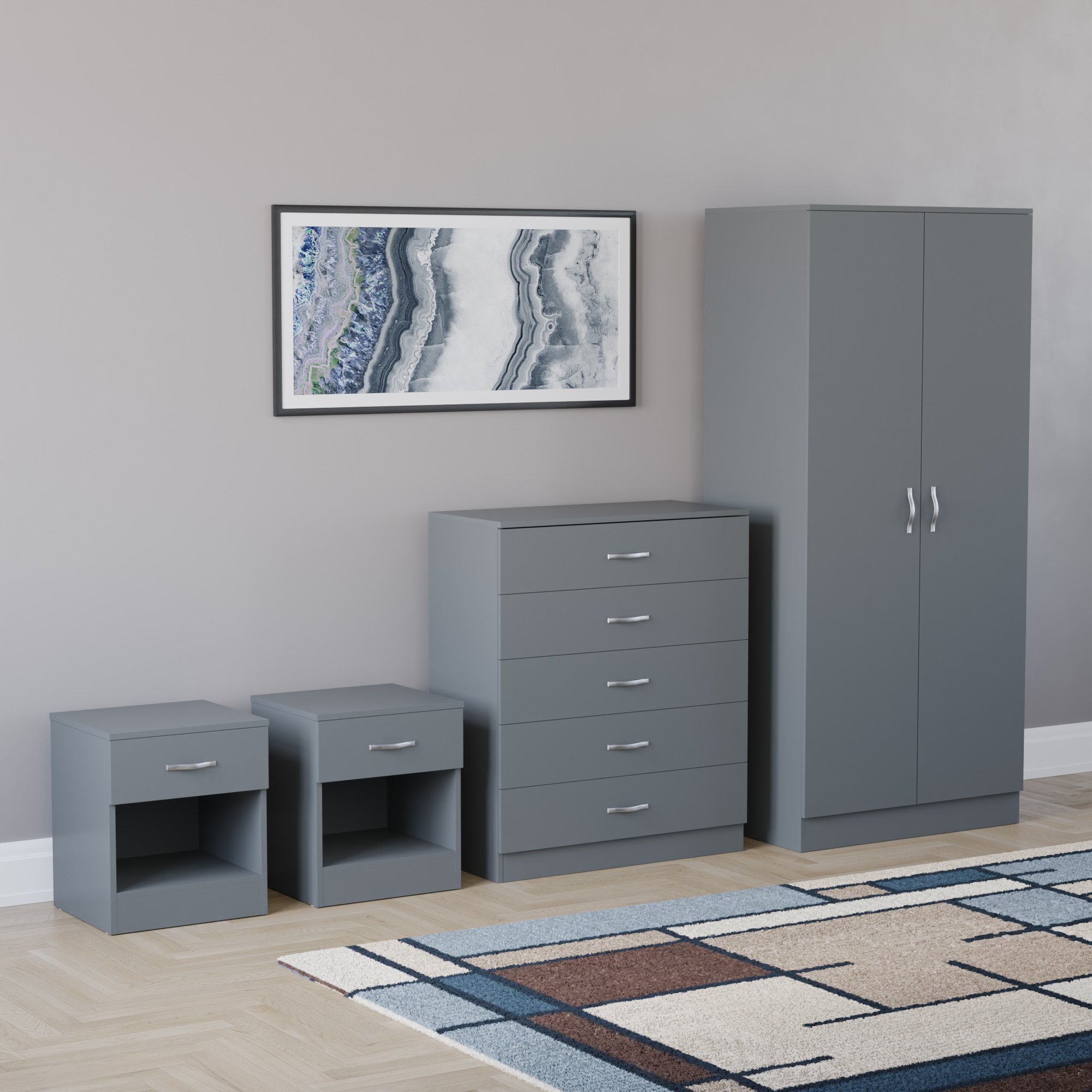 Vida Designs Riano Bedroom Set (Bedsides, 5 Drawer Chest, 2 Door Wardrobe - Grey