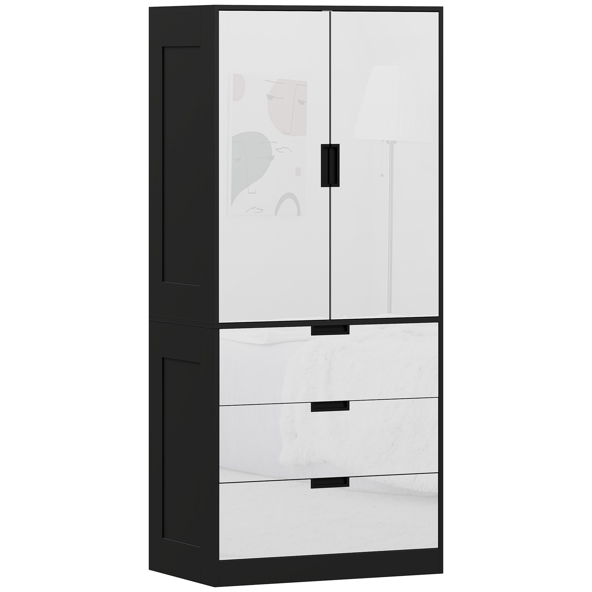 HOMCOM 2 Door Wardrobe with 3 Drawers and Hanging Rail - High Gloss White