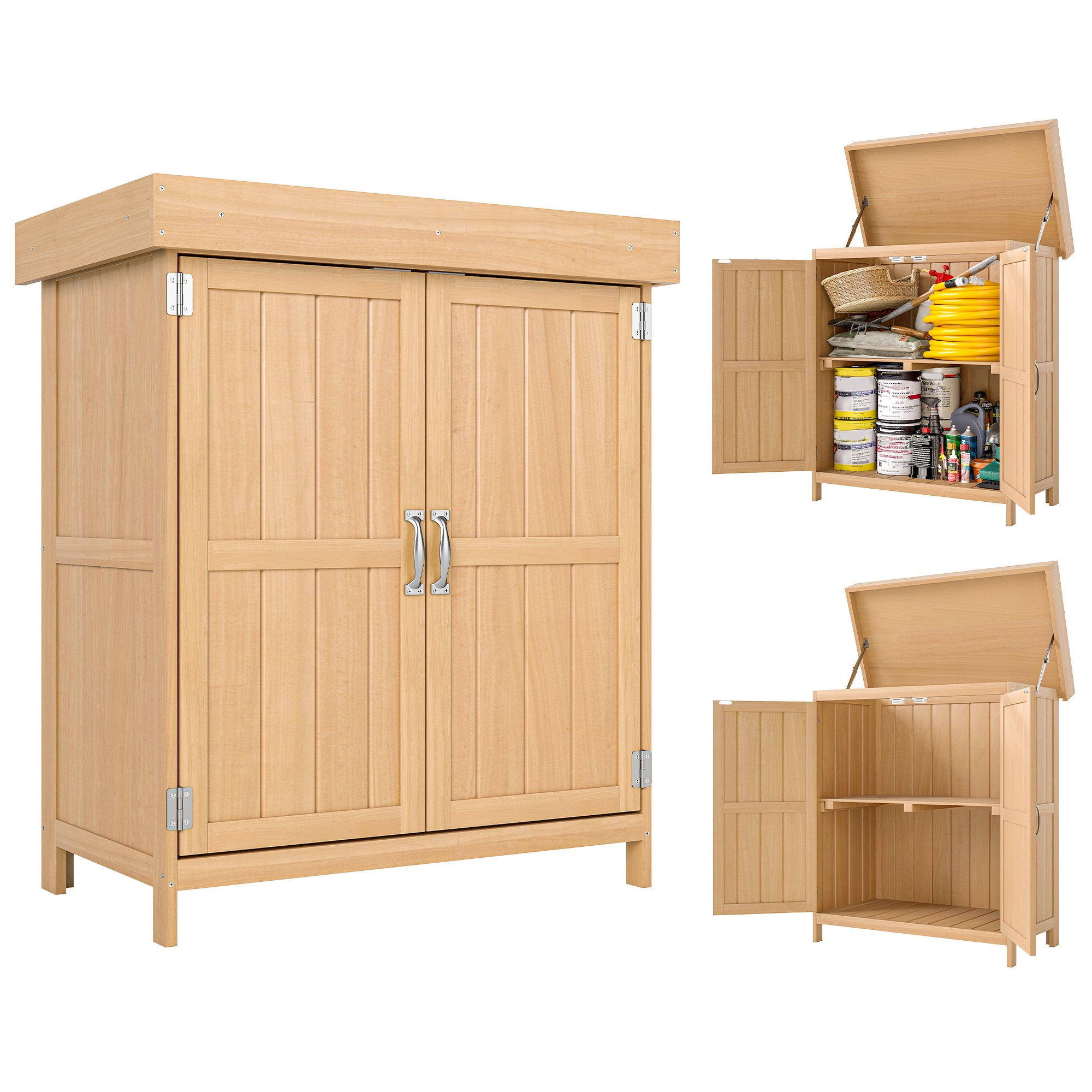 Outsunny Wooden Garden Shed with Openable Roof and Removable Shelf - Burlywood