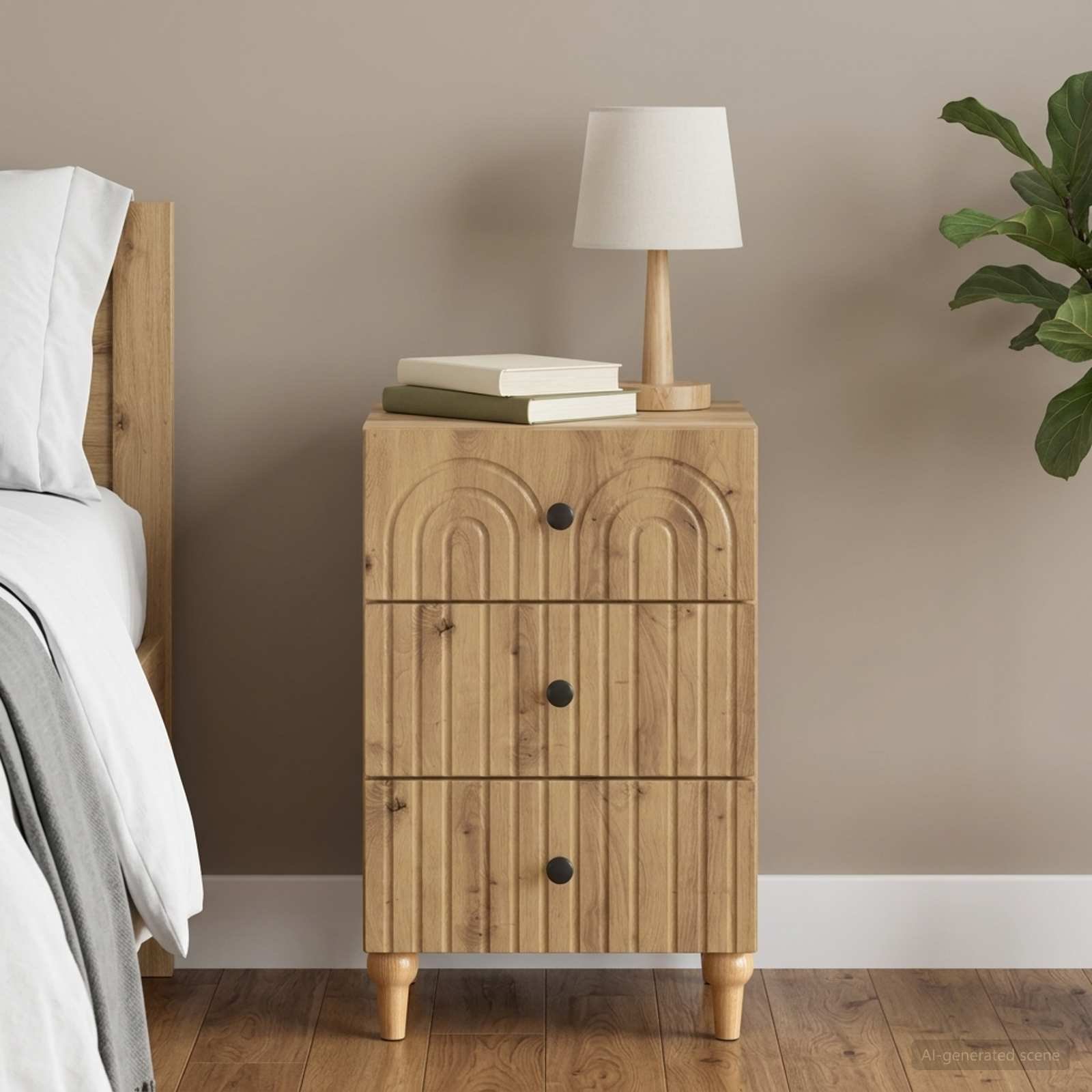 Walplus 3 Drawer Bedside Cabinet Rubber Wood - Oak - 43 x 41 x 66.5 cm