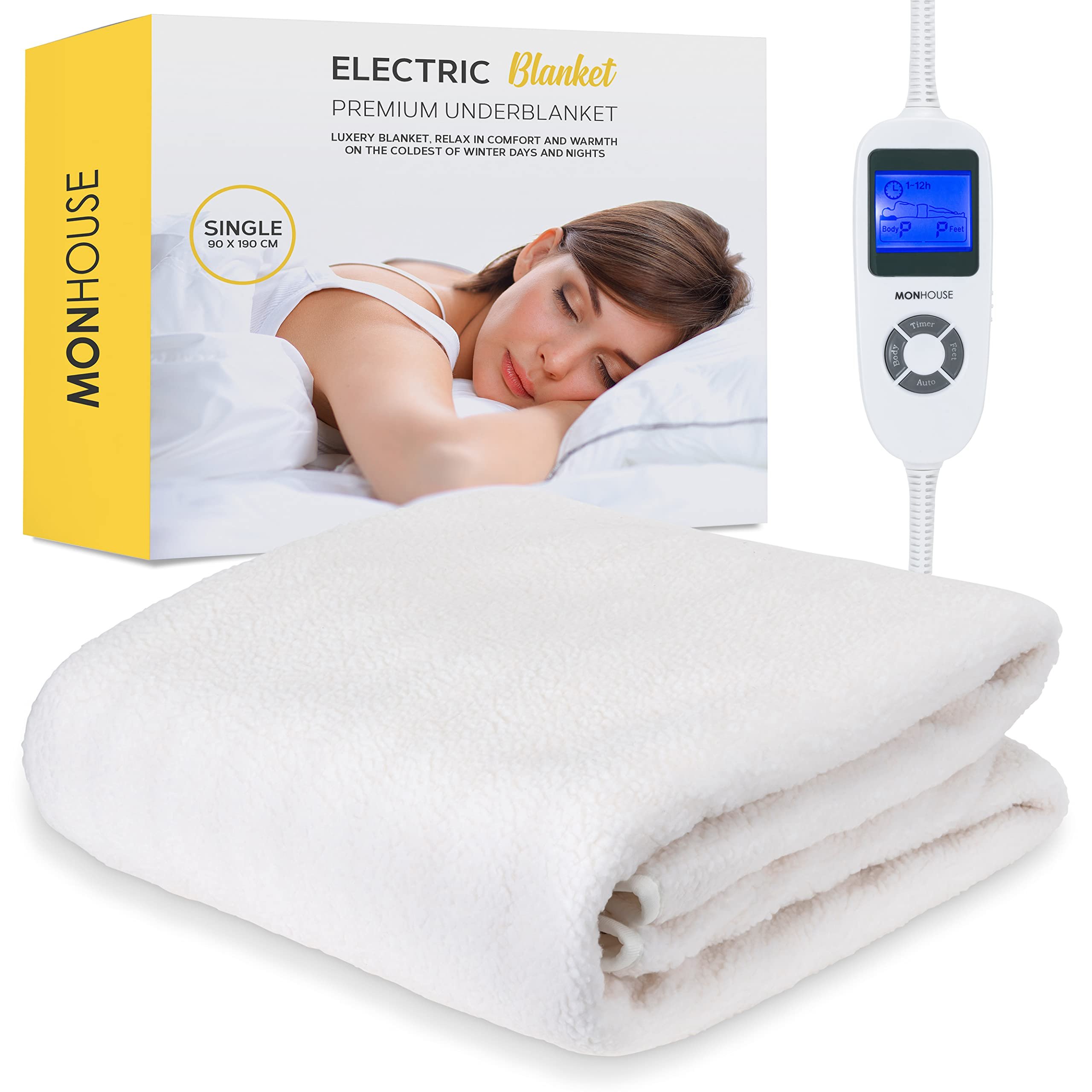 MONHOUSE Single Fleece Electric Heated Under Blanket 9 Heat Settings - White