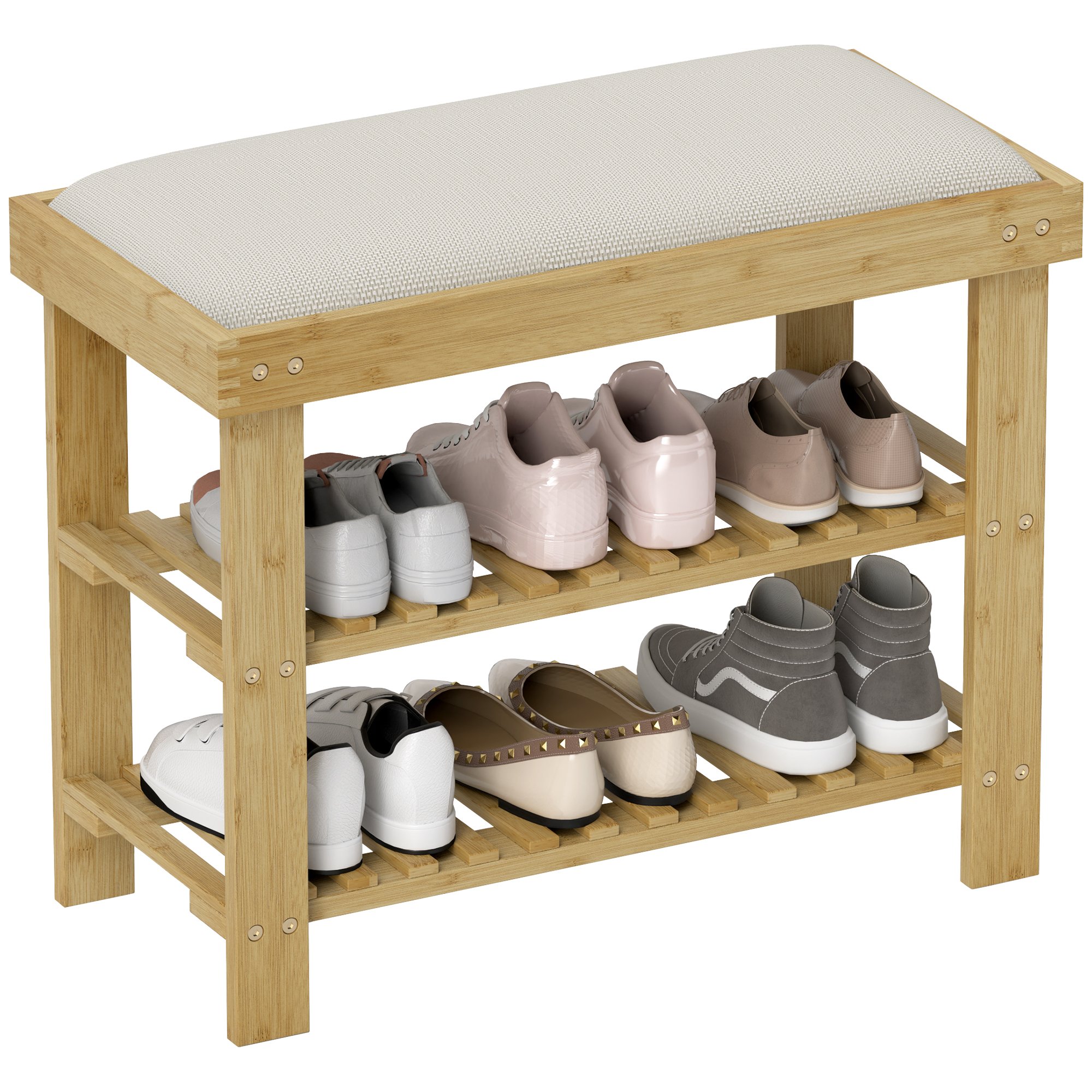 HOMCOM 3-Tier Bamboo Shoe Storage Bench with Seat Cushion - Cream