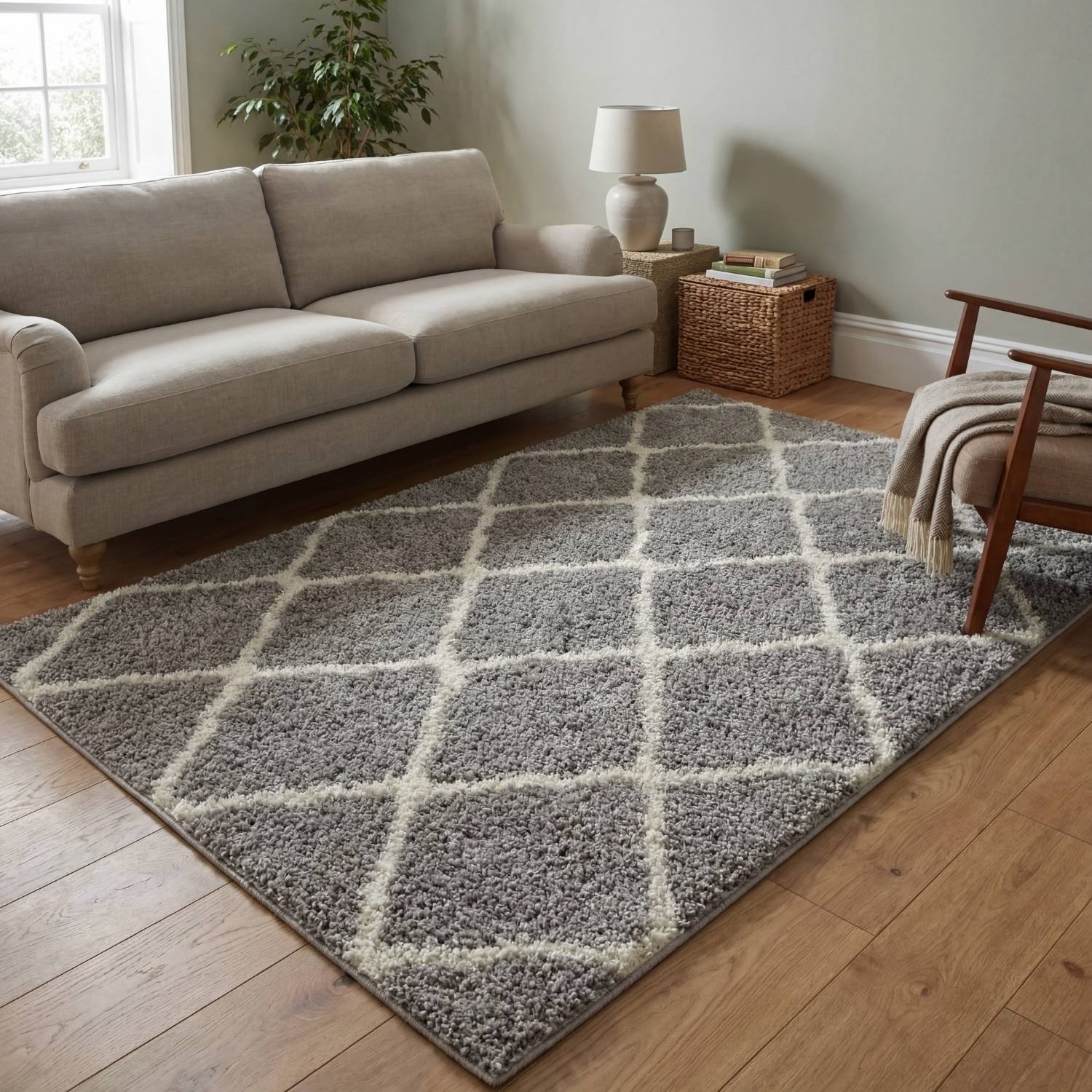 The Rugs Grey Moroccan Shaggy Lattice Rug - 60 x 110cm