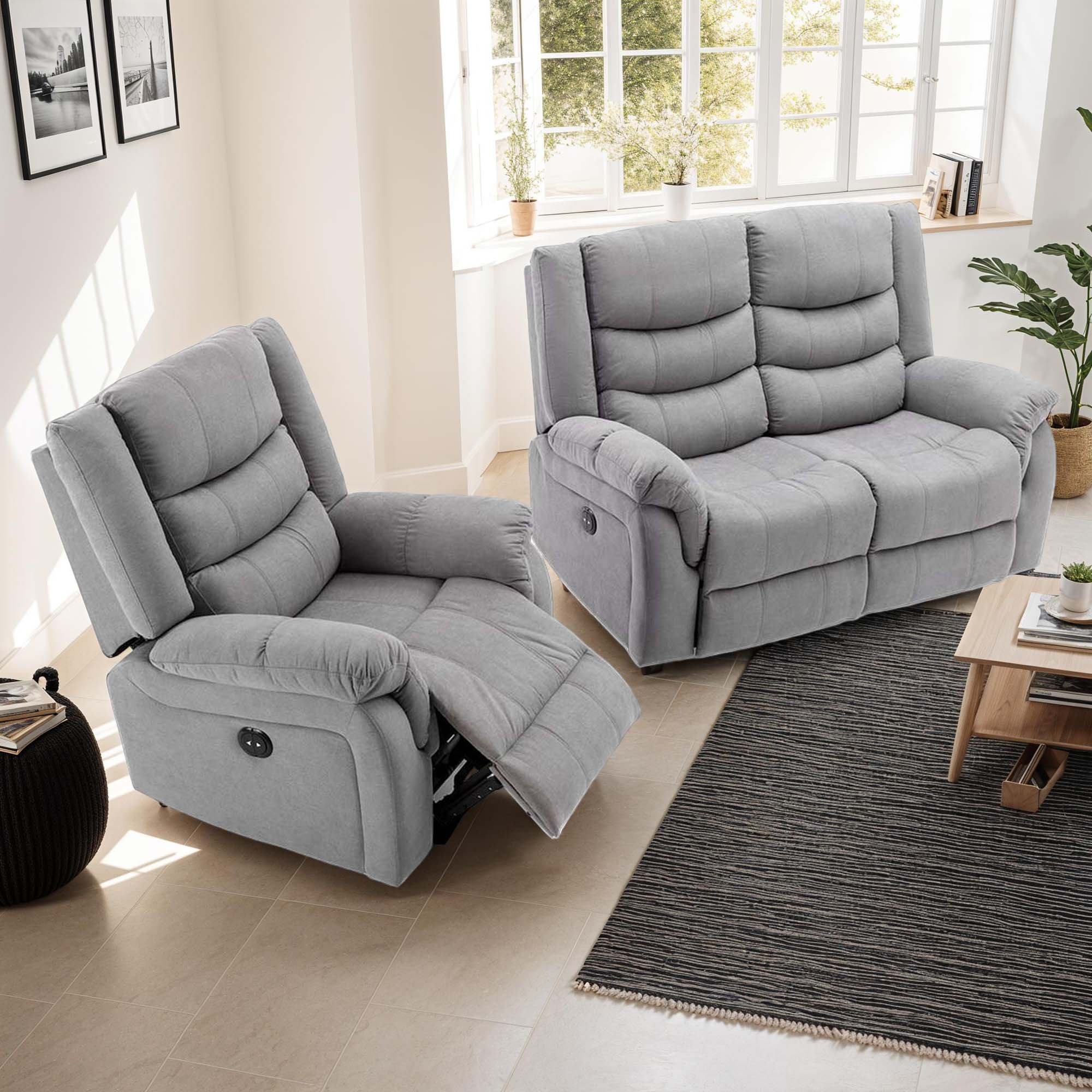 Furniture Online Seattle Electric Recliner Fabric 1+2 Seater Sofa Set - Grey