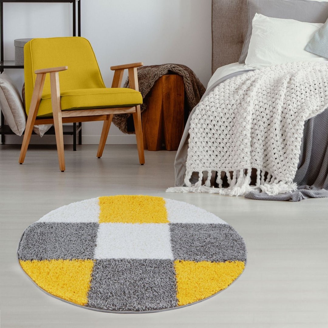 The Rugs Yellow Myshaggy Checkered Round Shaggy Rug - 120cm