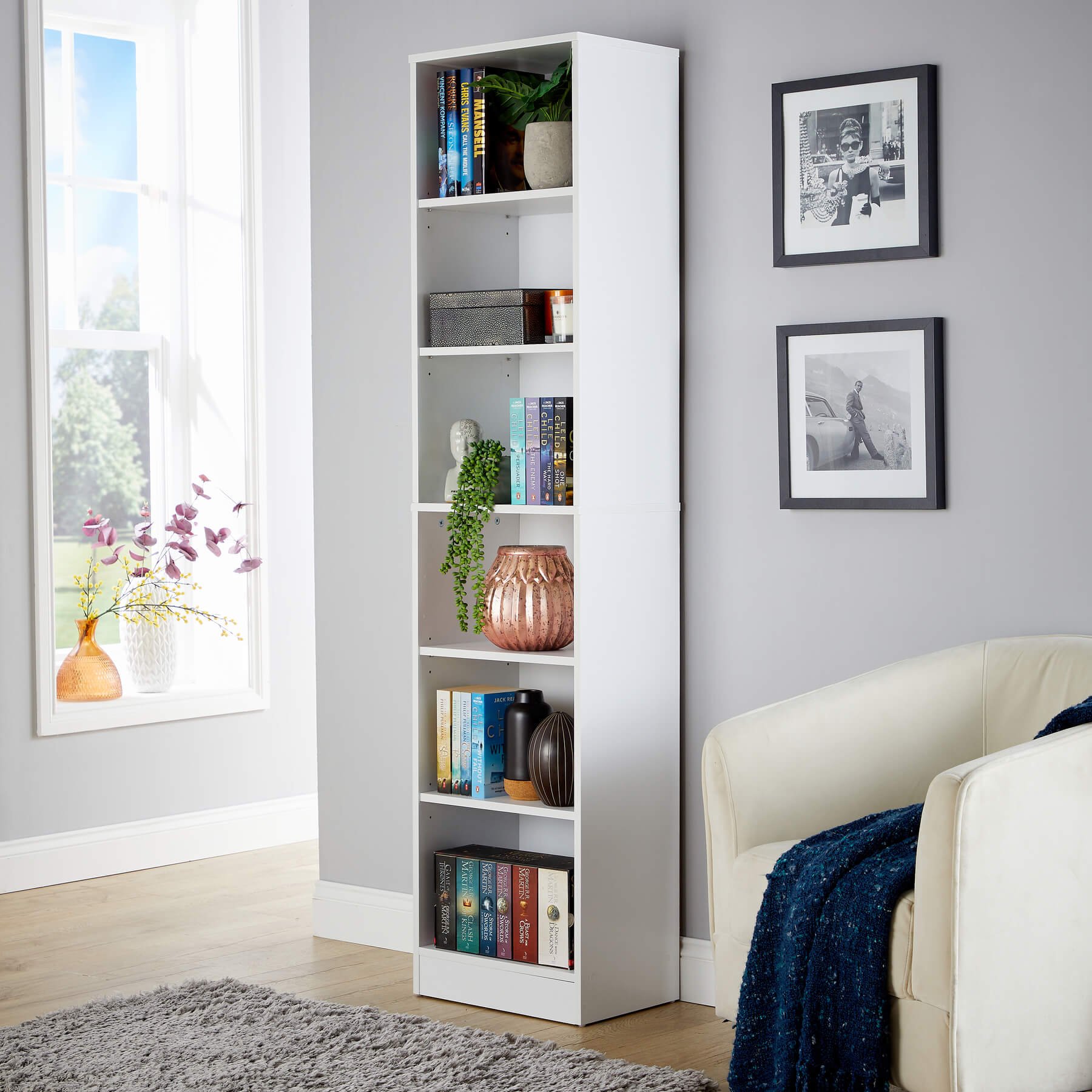 Home Source Clara Narrow 6 Shelf Bookcase - White
