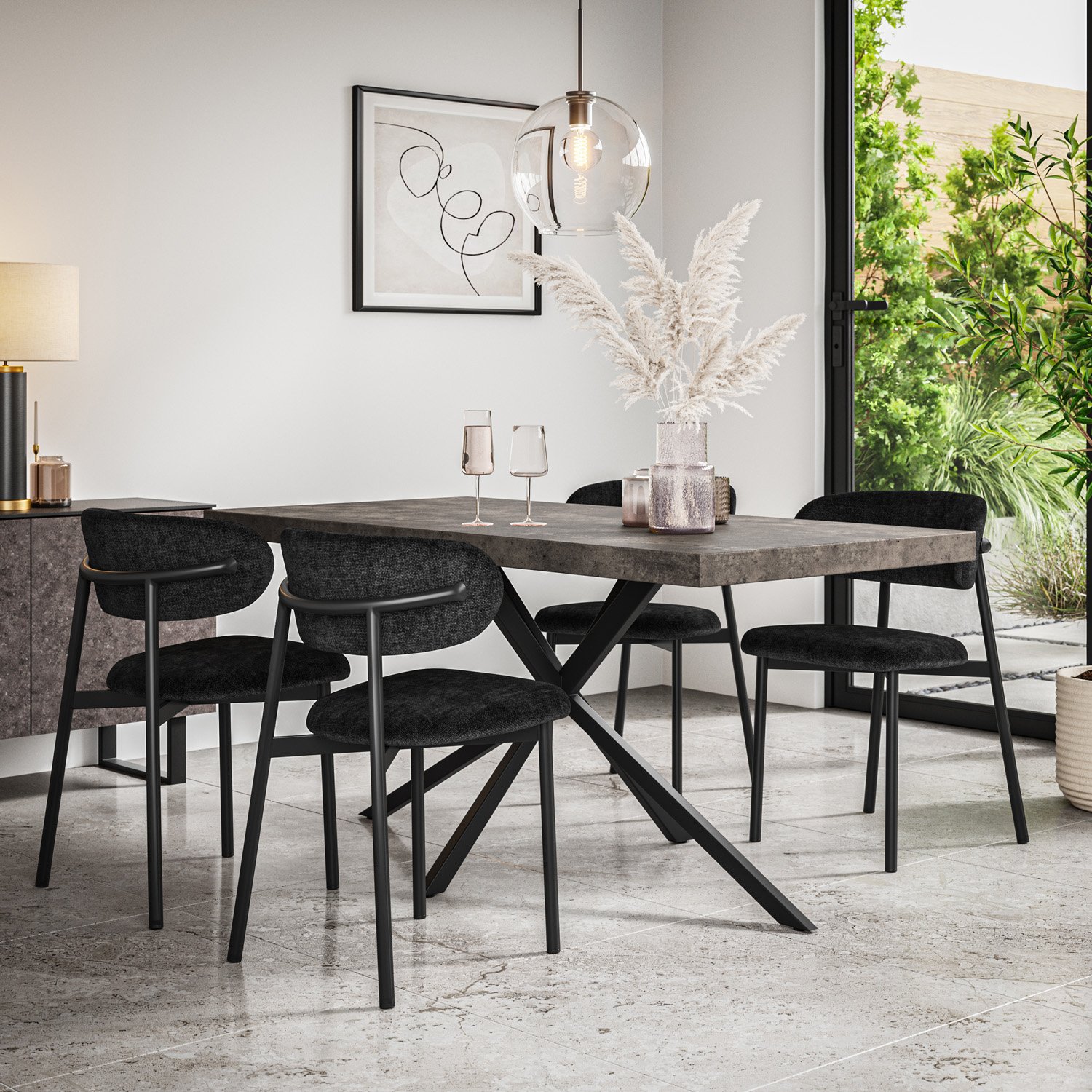 Furniture Online Donni Concrete Effect Dining Table & 6 Myla Black Chairs