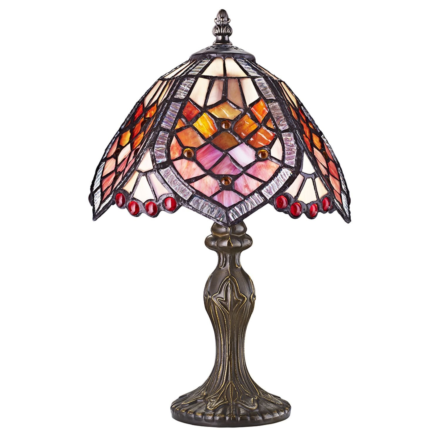 Happy Homewares Handmade Red Beaded Stained Glass Tiffany Table Lamp - 20cm